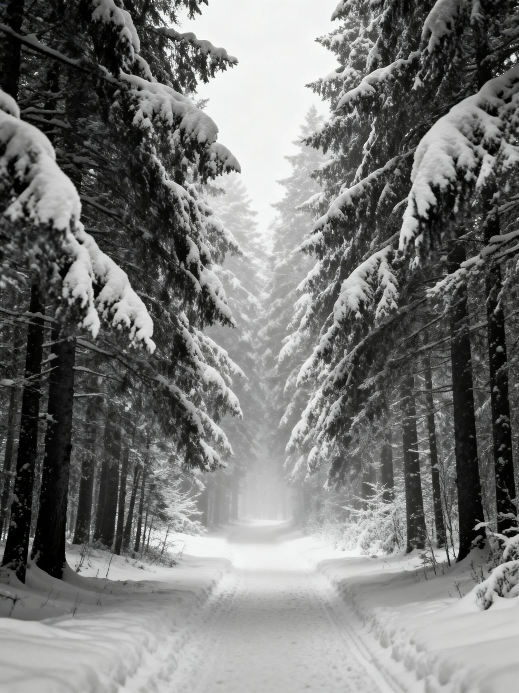 Snow-covered evergreen trees frame a misty winter forest path