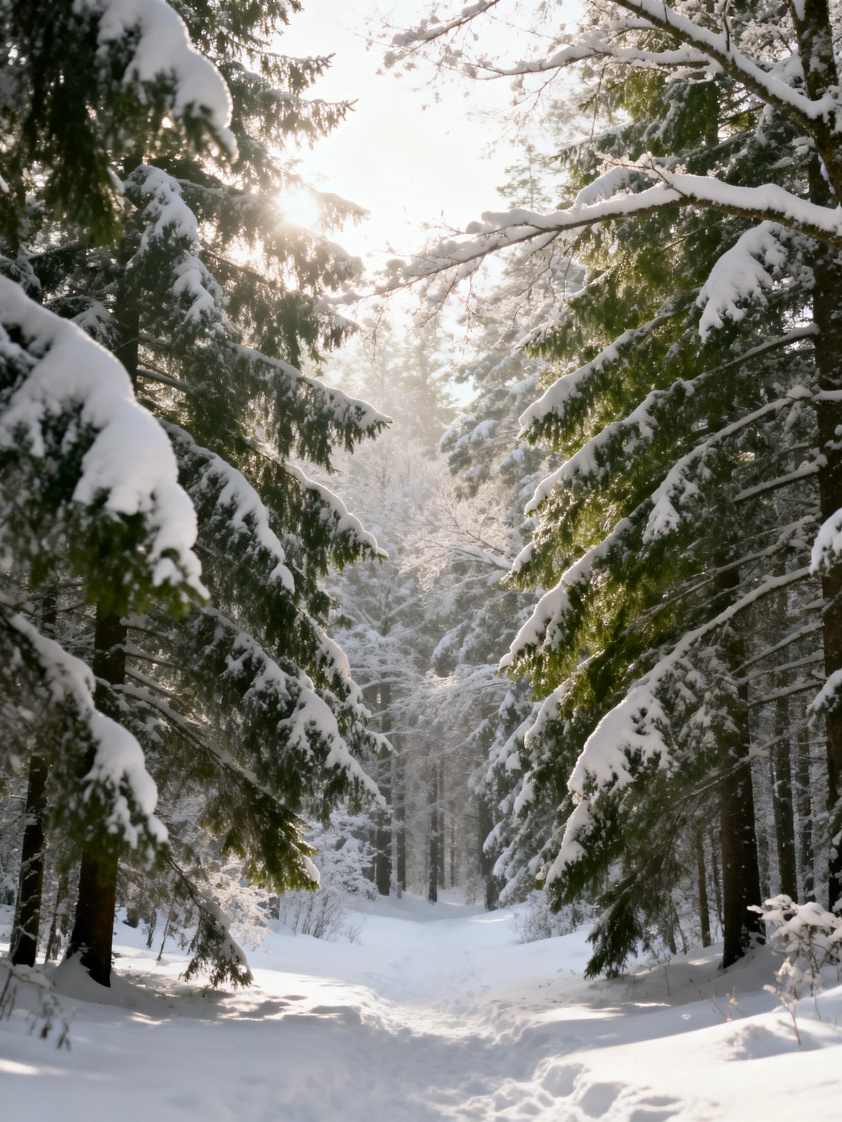 Snow-covered evergreen trees frame a sunlit pathway in a winter forest