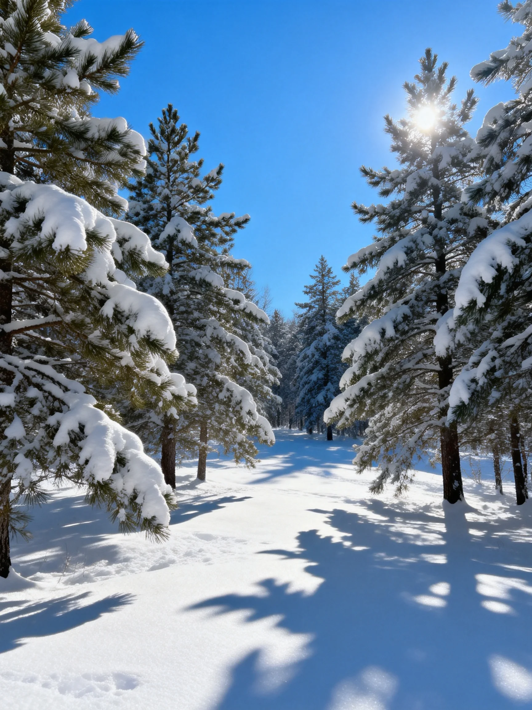 Snow-covered evergreen trees frame a sunlit snowy pathway in a clear winter day