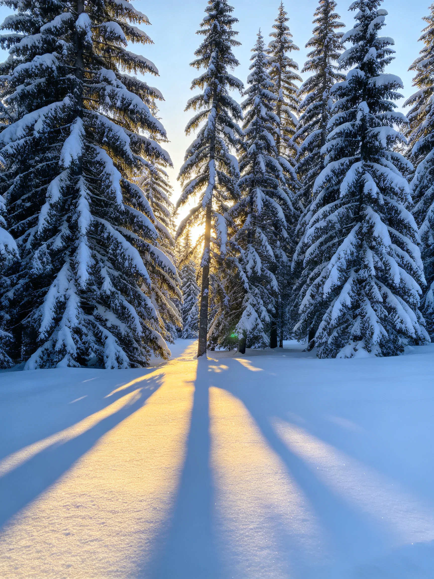 Snow-covered evergreen trees illuminated by golden sunlight