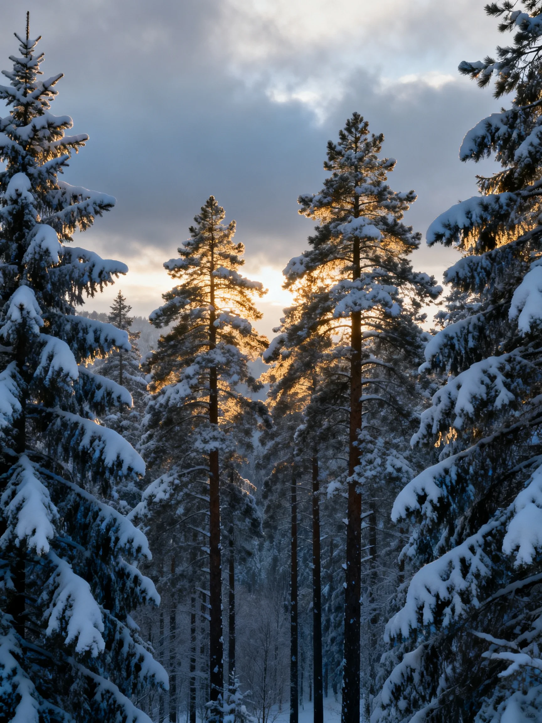 Snow-covered evergreen trees illuminated by golden sunlight