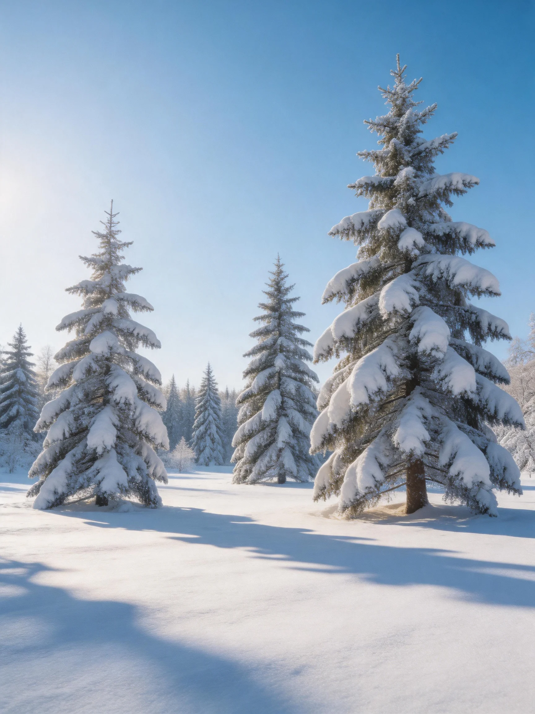 Snow-covered evergreen trees in a bright winter landscape