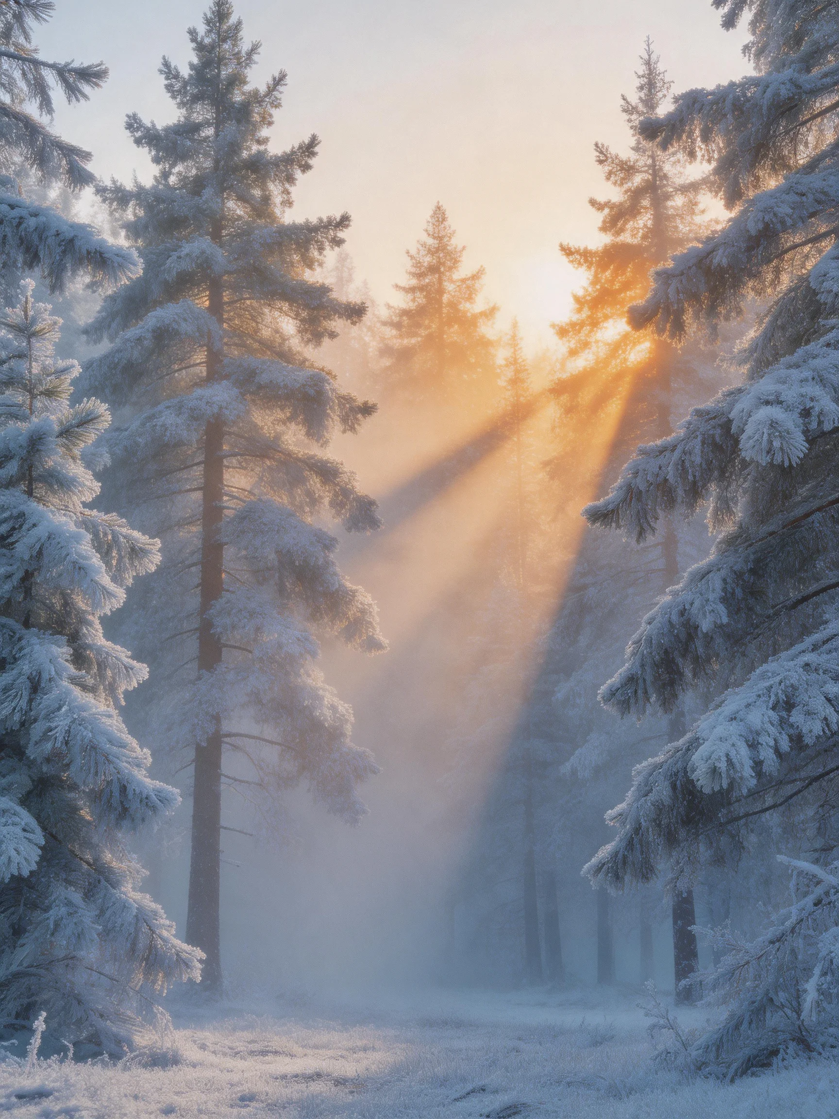 Snow-covered evergreen trees in a misty winter forest with golden sunlight beams