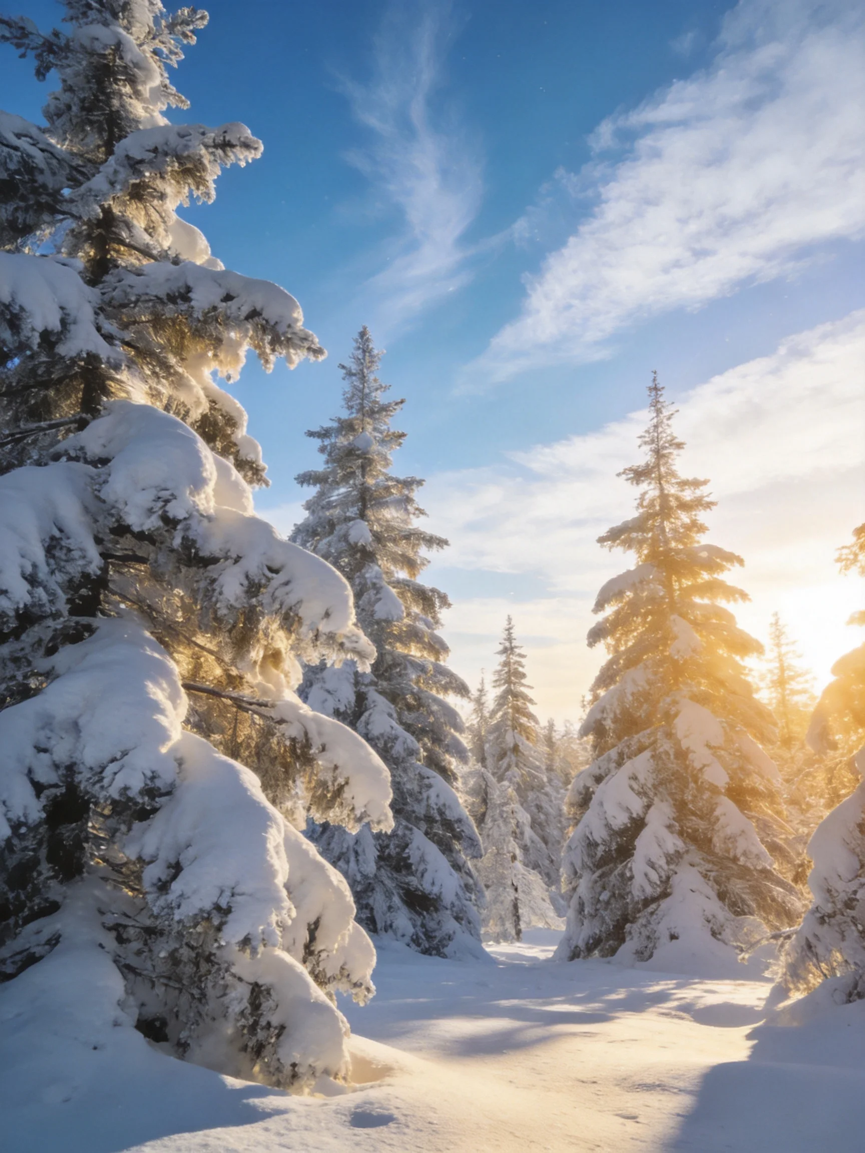 Snow-covered evergreen trees in a sunlit winter forest