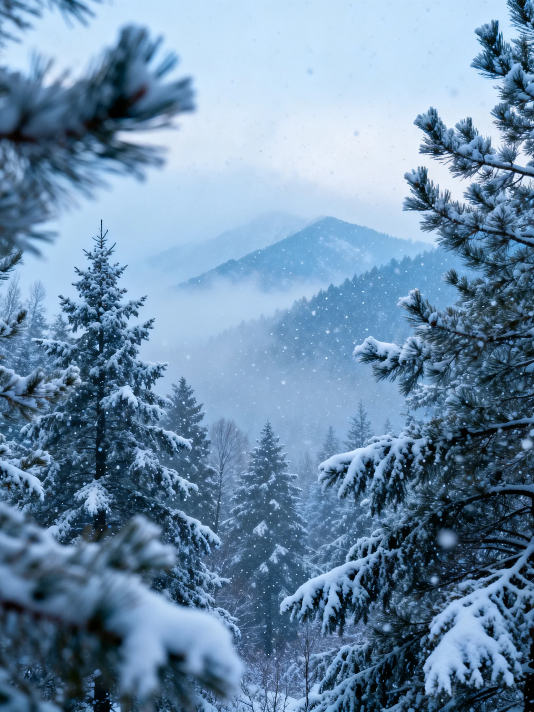 Snow-covered evergreen trees near misty mountain peaks