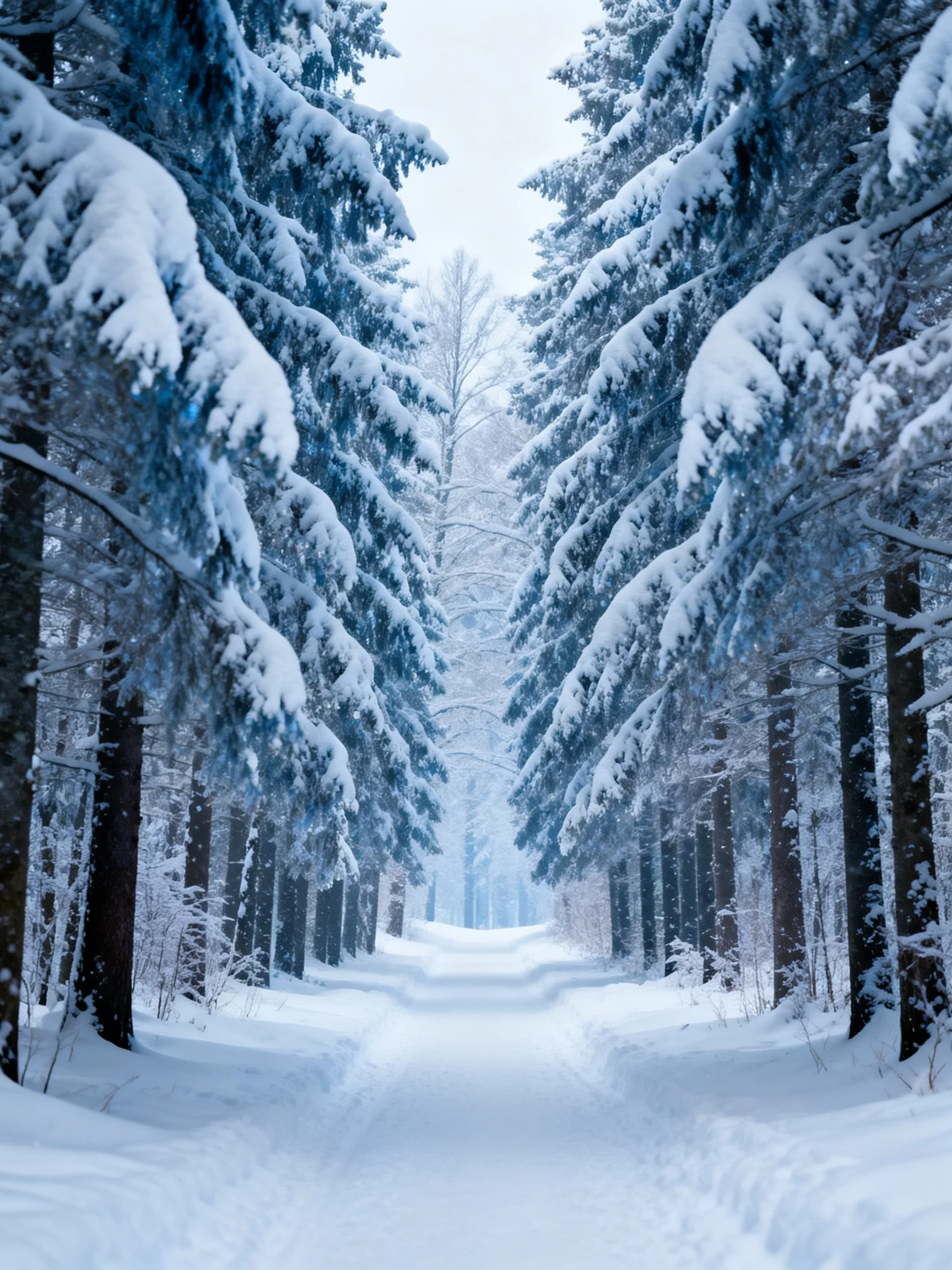 Snow-covered evergreens flank a clear winter forest path