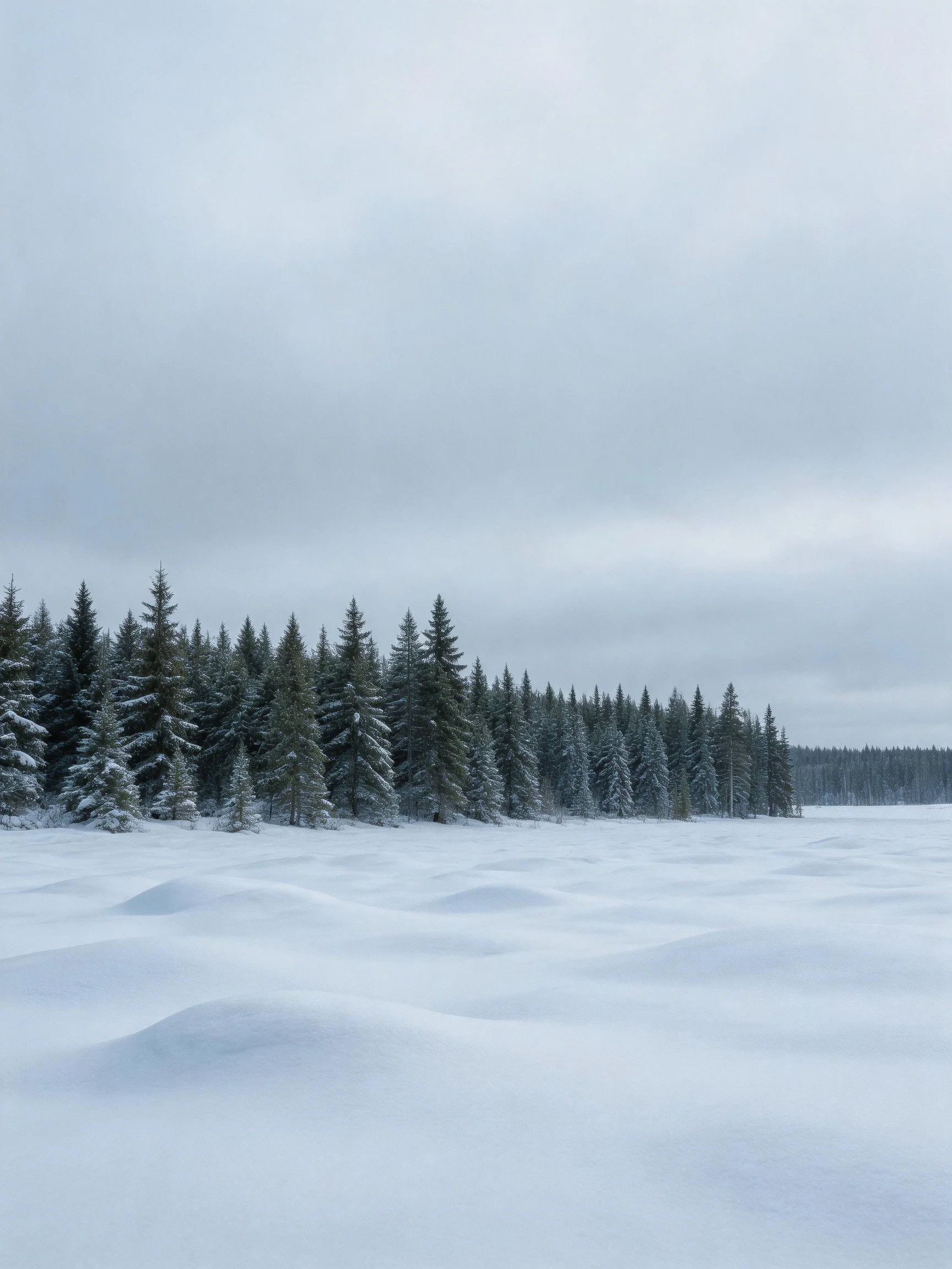 Snow-covered field bordered by tall evergreen trees under an overcast sky