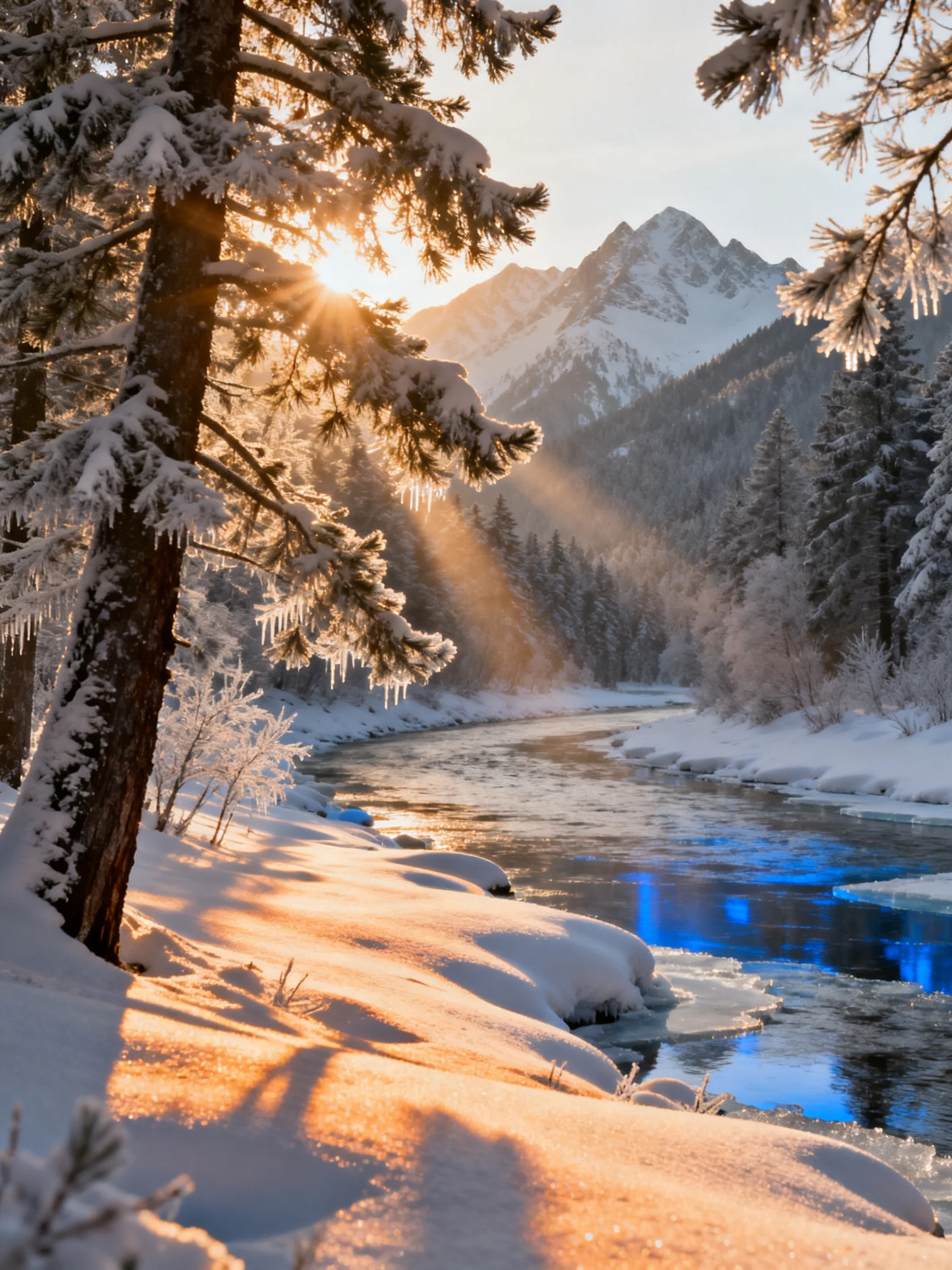 Snow-covered forest, icy river, mountain backdrop with golden sunrise