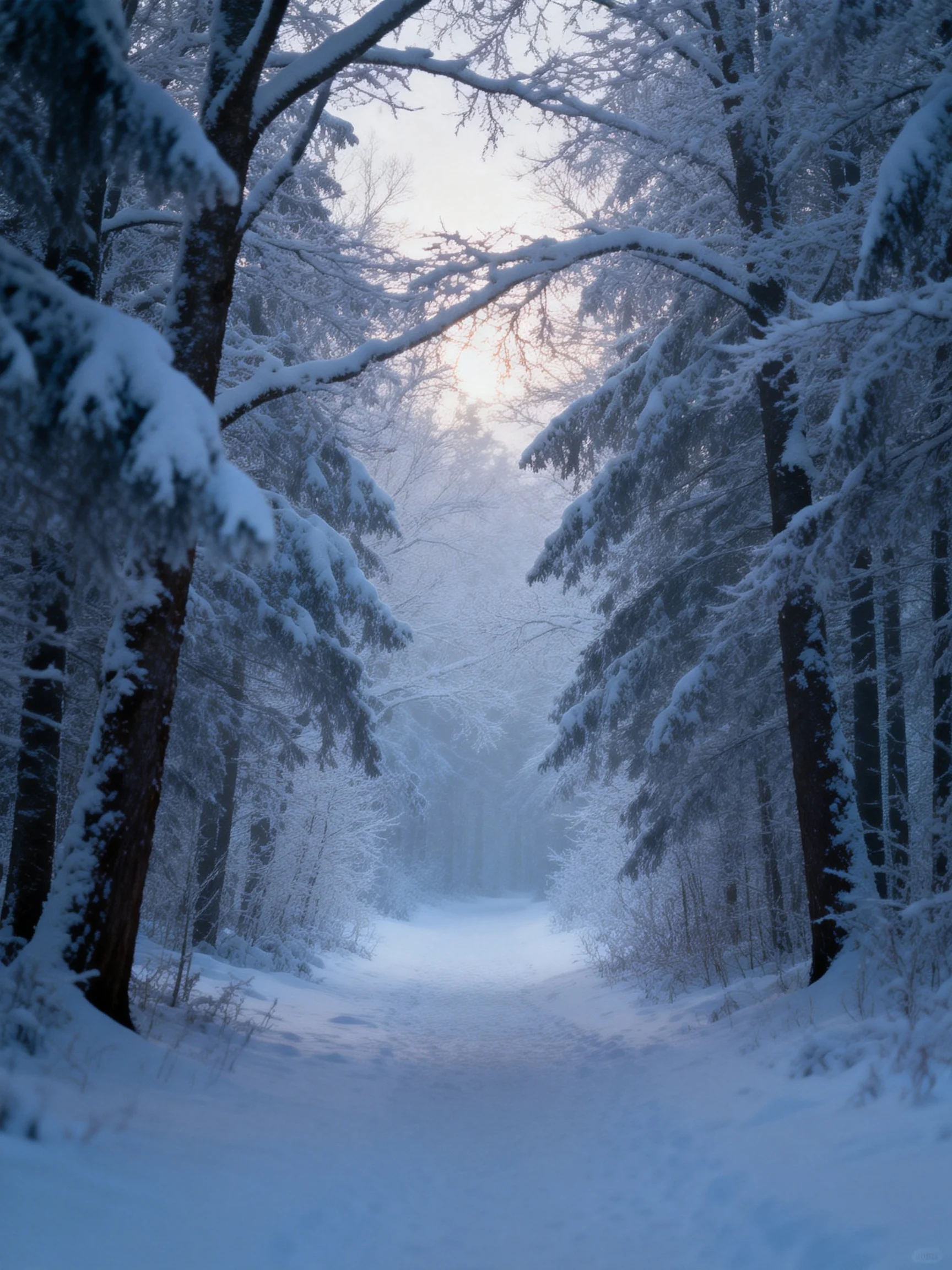 Snow-covered forest path with frost-laden trees in misty winter