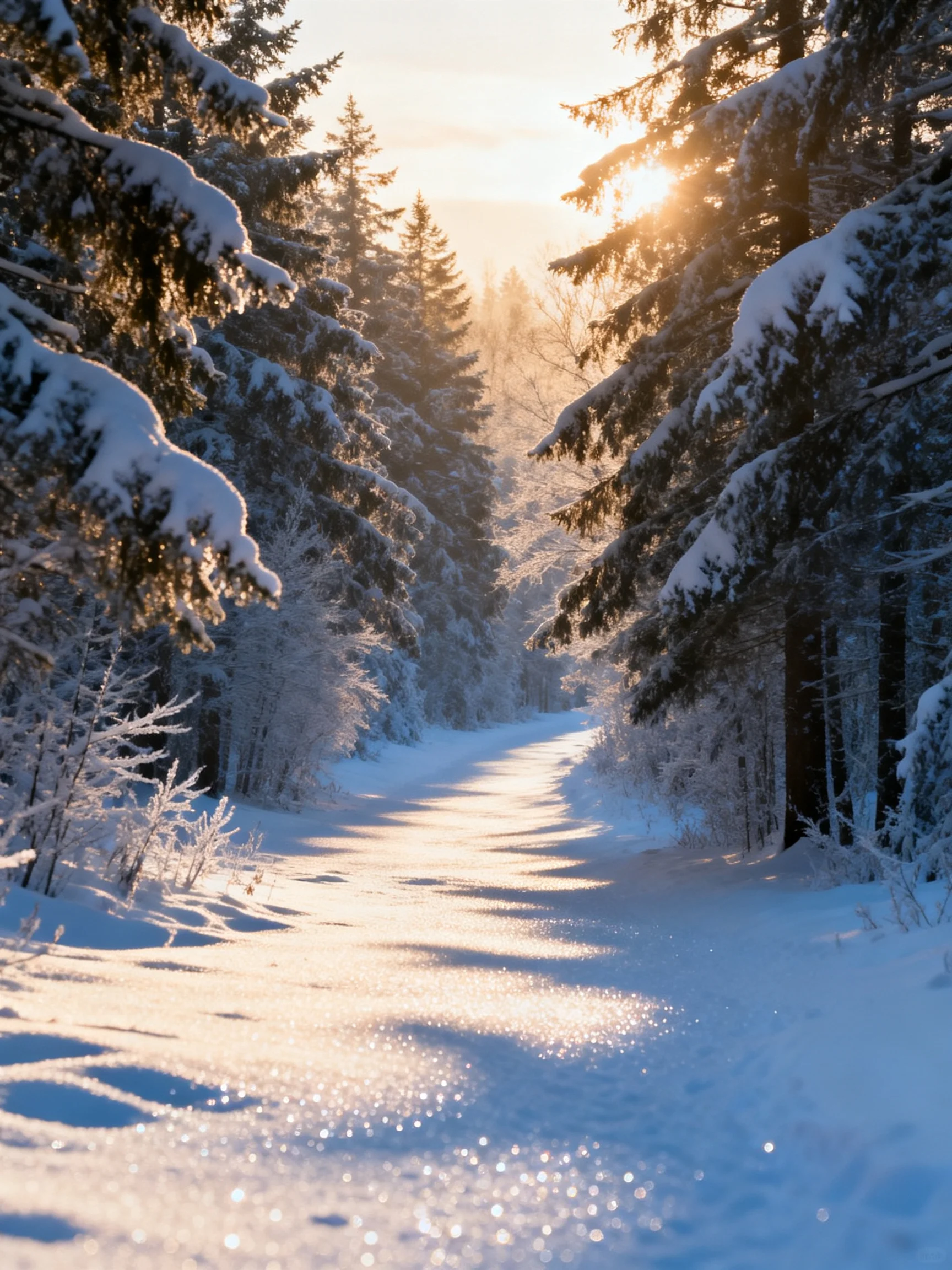 Snow-covered forest path with sunlight filtering through trees