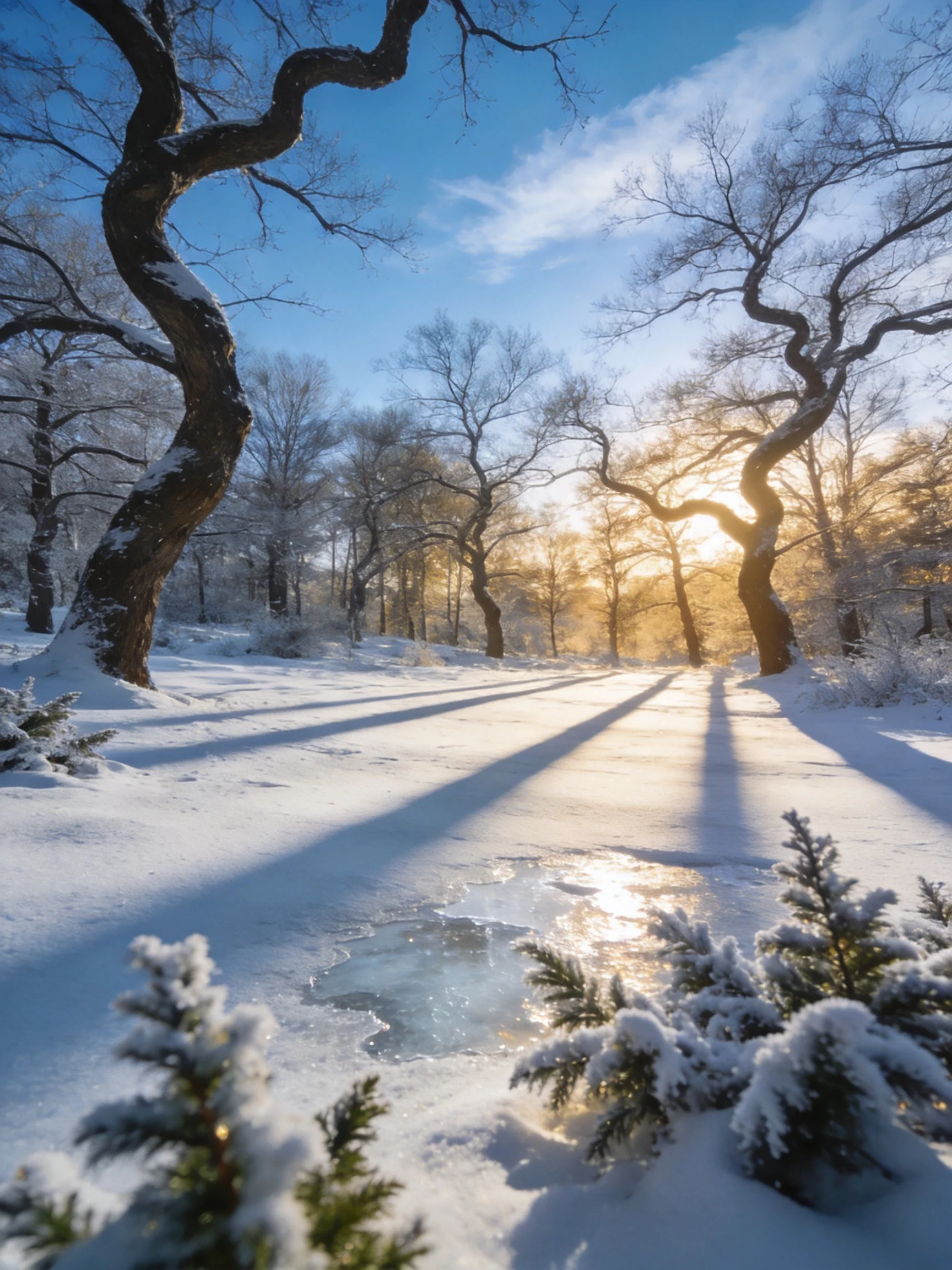 Snow-covered forest path with twisted trees and golden sunlight