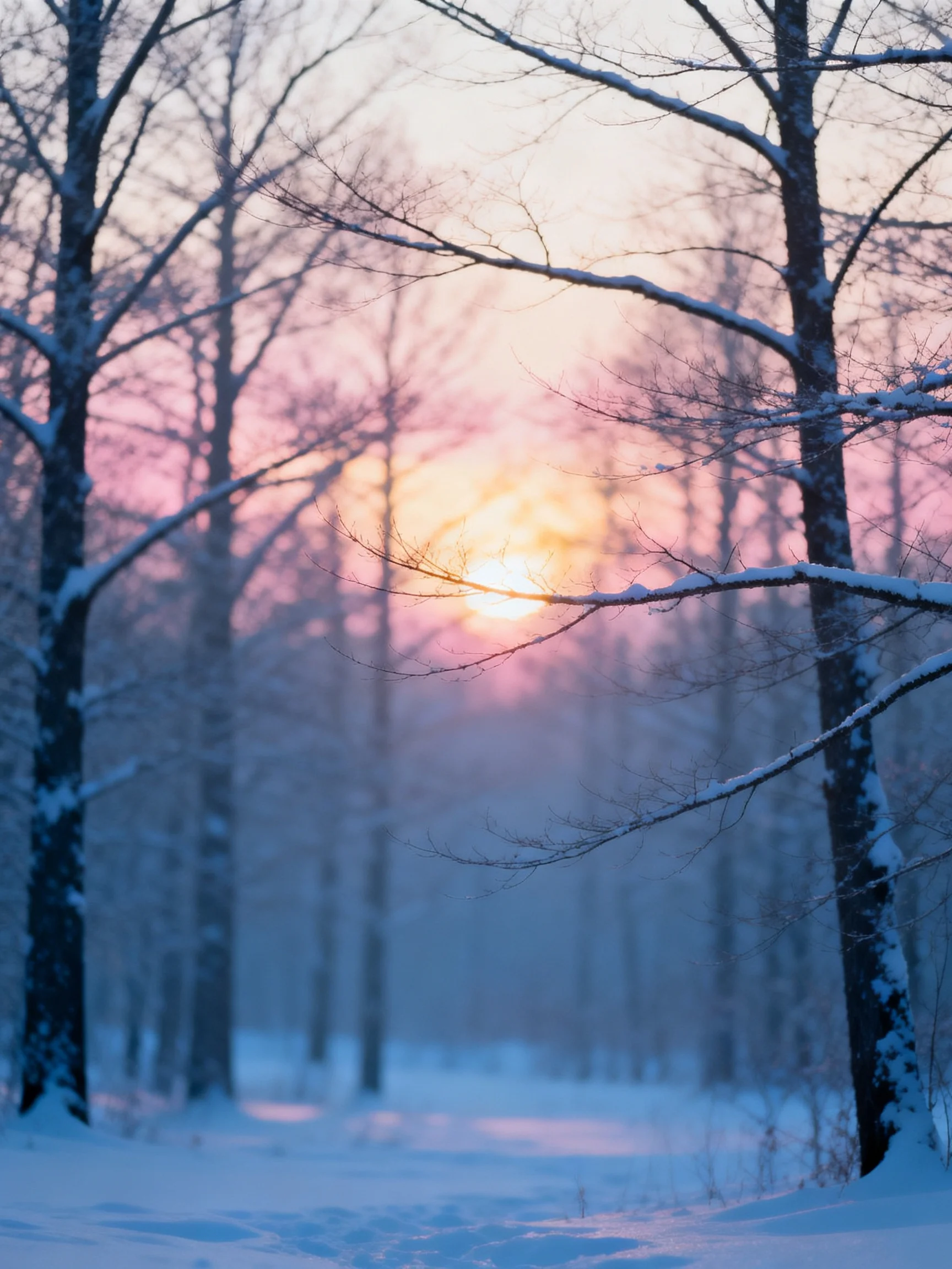 Snow-covered forest trees frame a colorful winter sunset