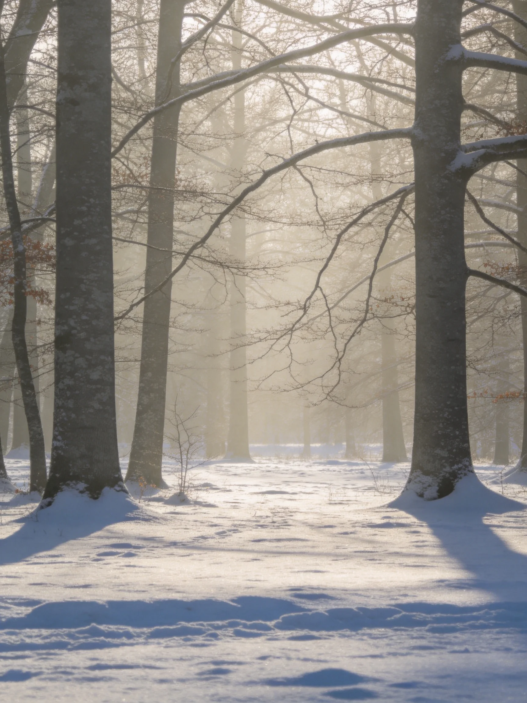 Snow-covered forest with tall bare trees and misty morning light
