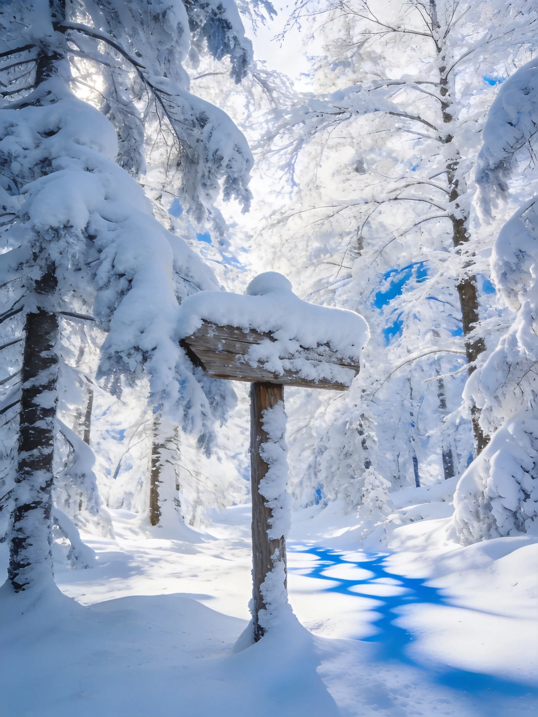 Snow-covered forest with wooden signpost and blue sky openings
