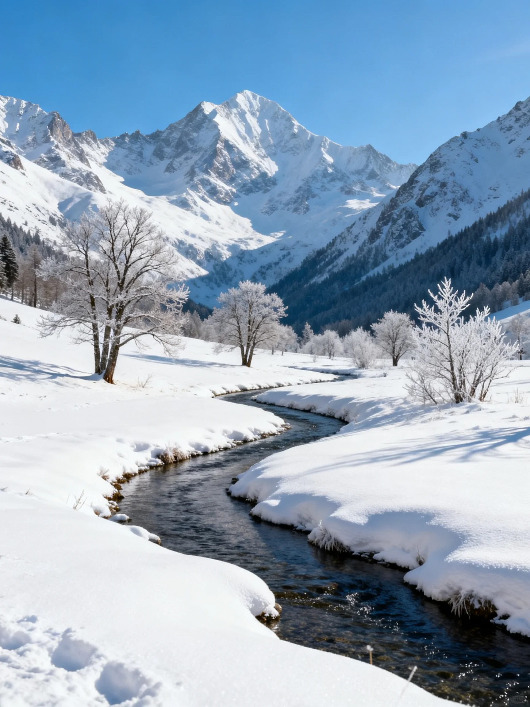 Snow-covered mountain peaks with a winding stream and frosty trees