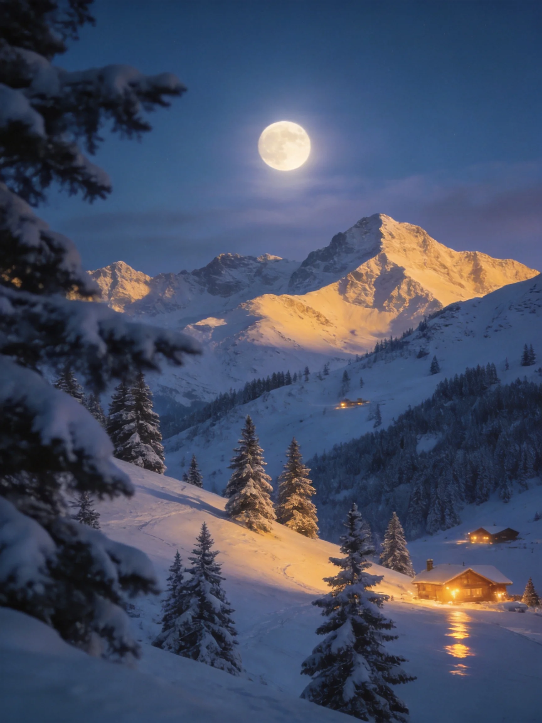 Snow-covered peaks, pine trees, cozy cabins under a bright full moon