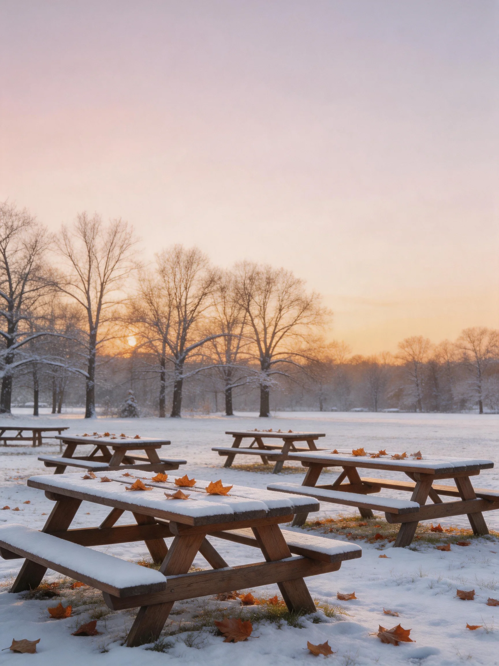 Snow-covered picnic tables with fallen leaves near frosty trees at sunset