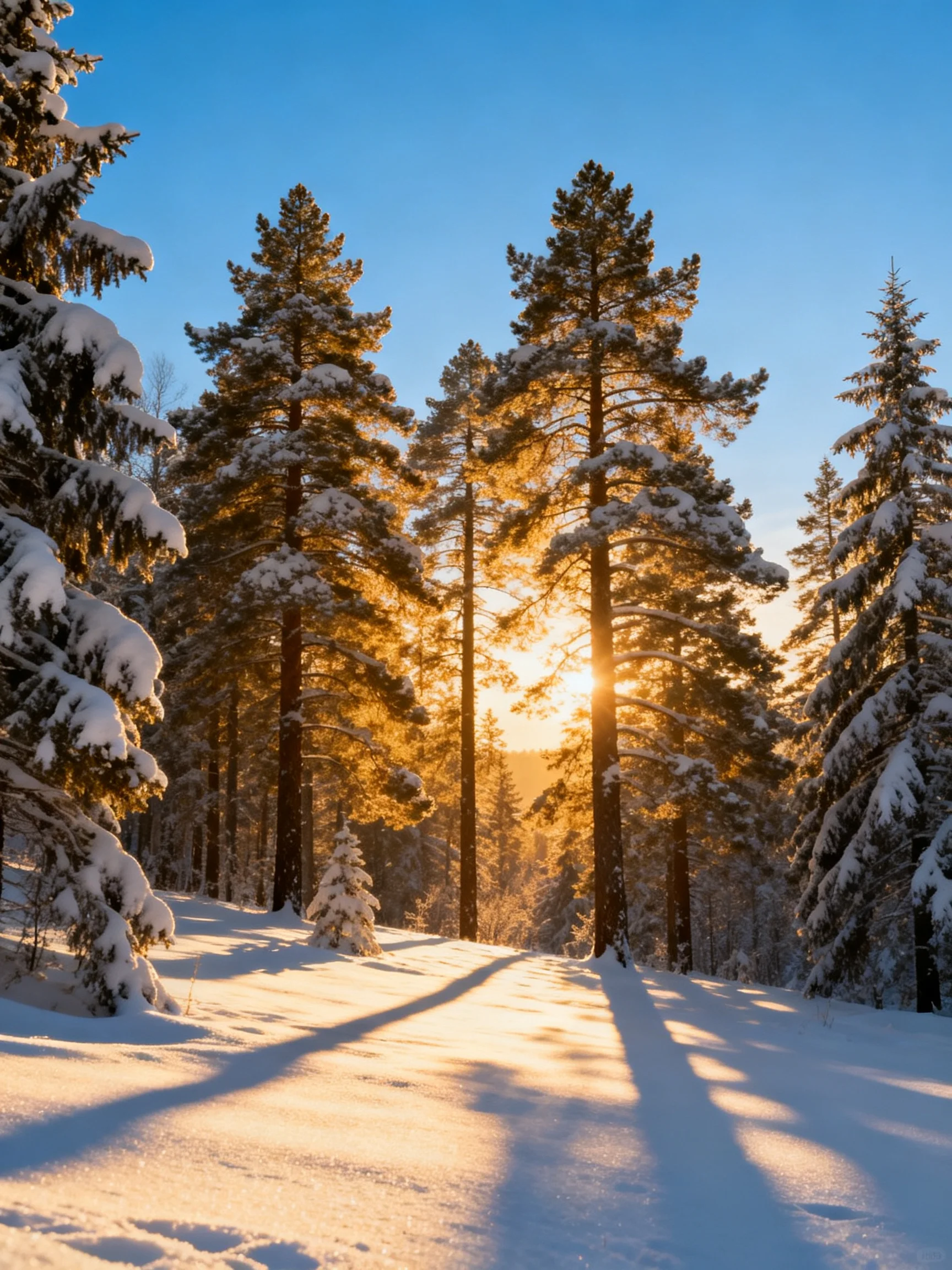 Snow-covered pine forest illuminated by golden sunlight