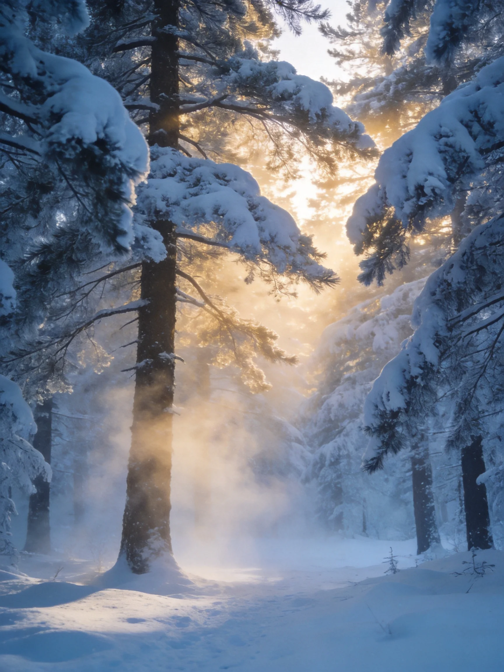 Snow-covered pine forest illuminated by golden winter sunlight with frosty mist