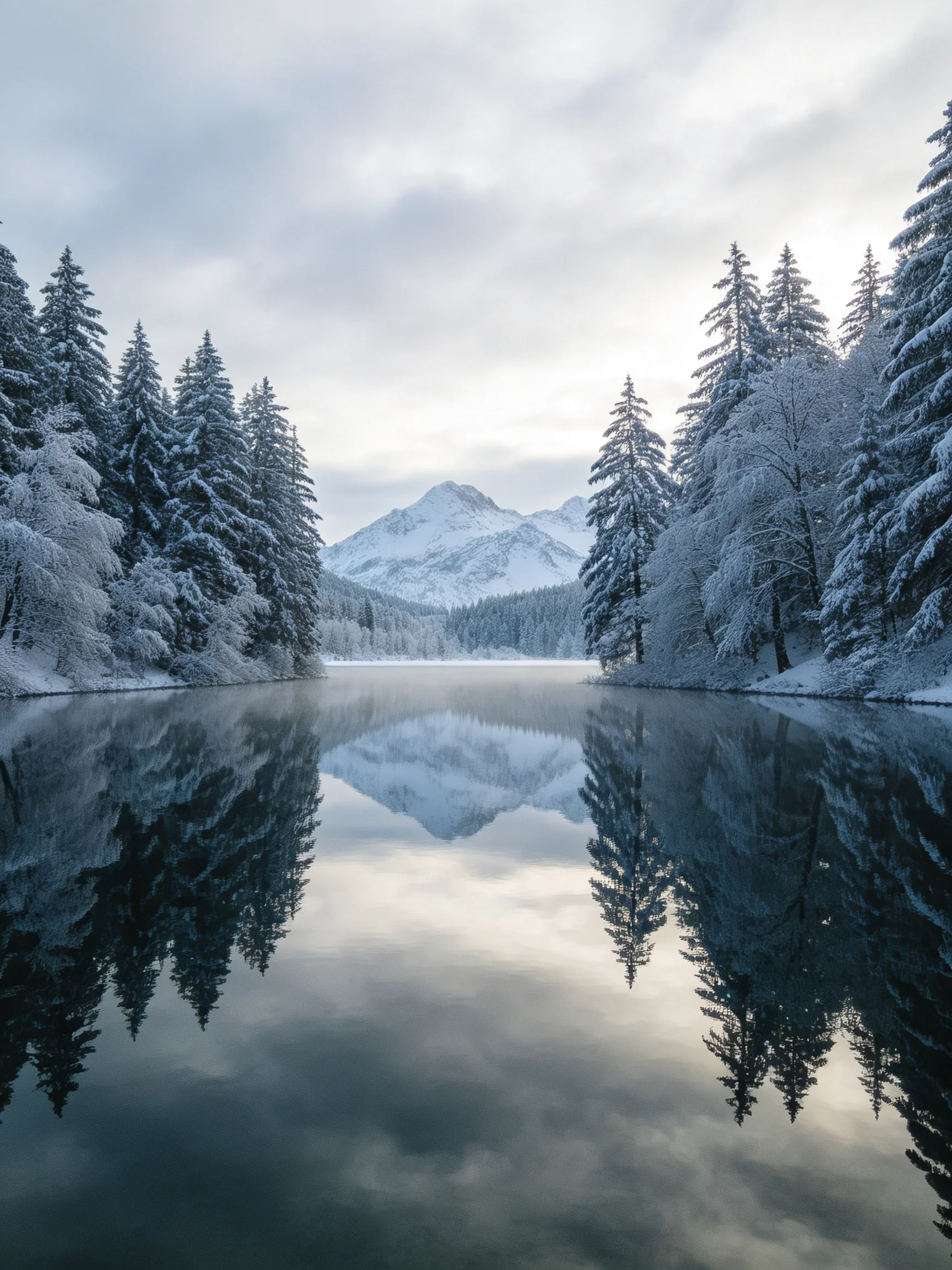 Snow-covered pine forests reflect in a calm winter lake near mountain peaks