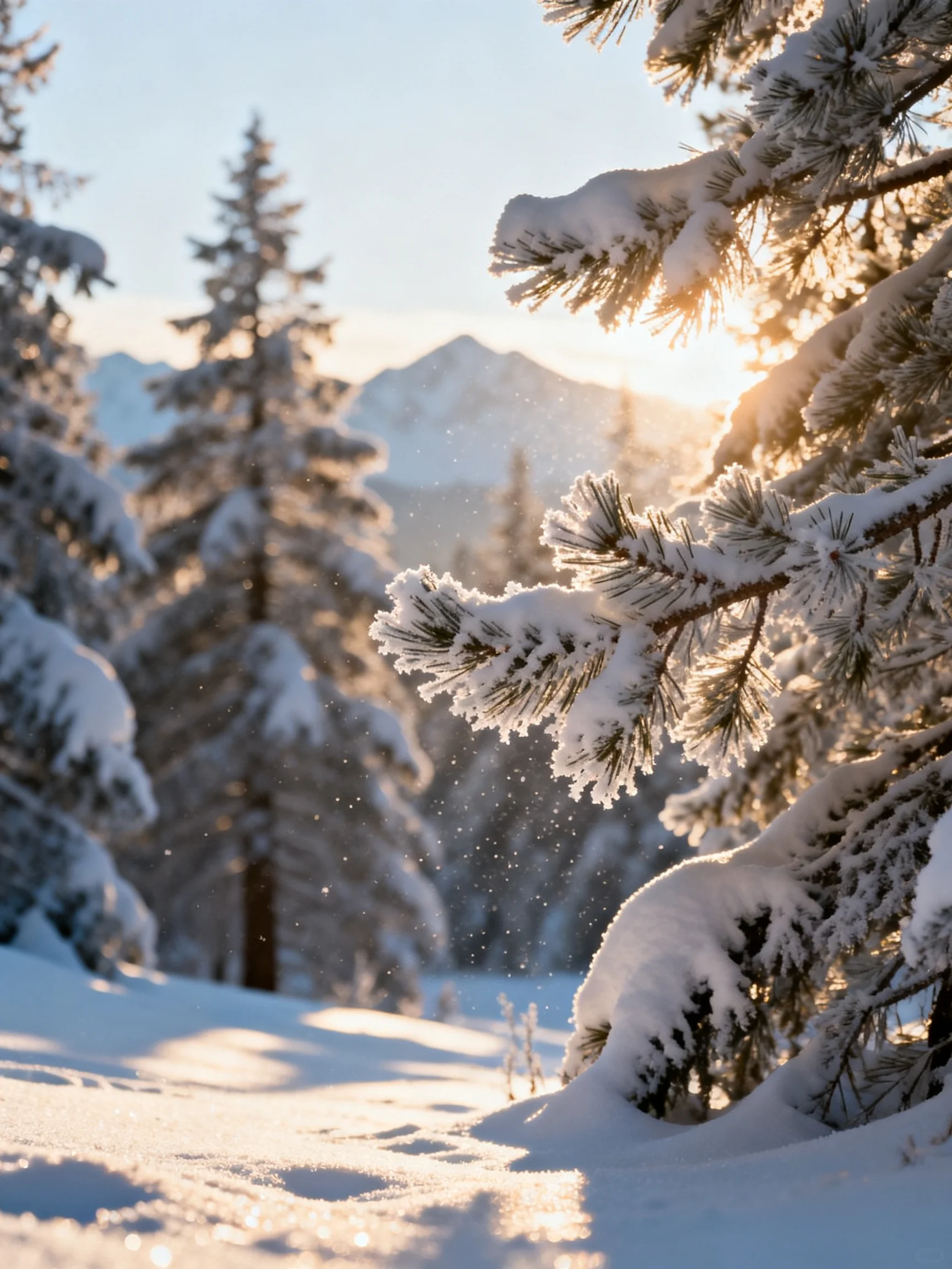 Snow-covered pine trees in a sunlit mountain forest