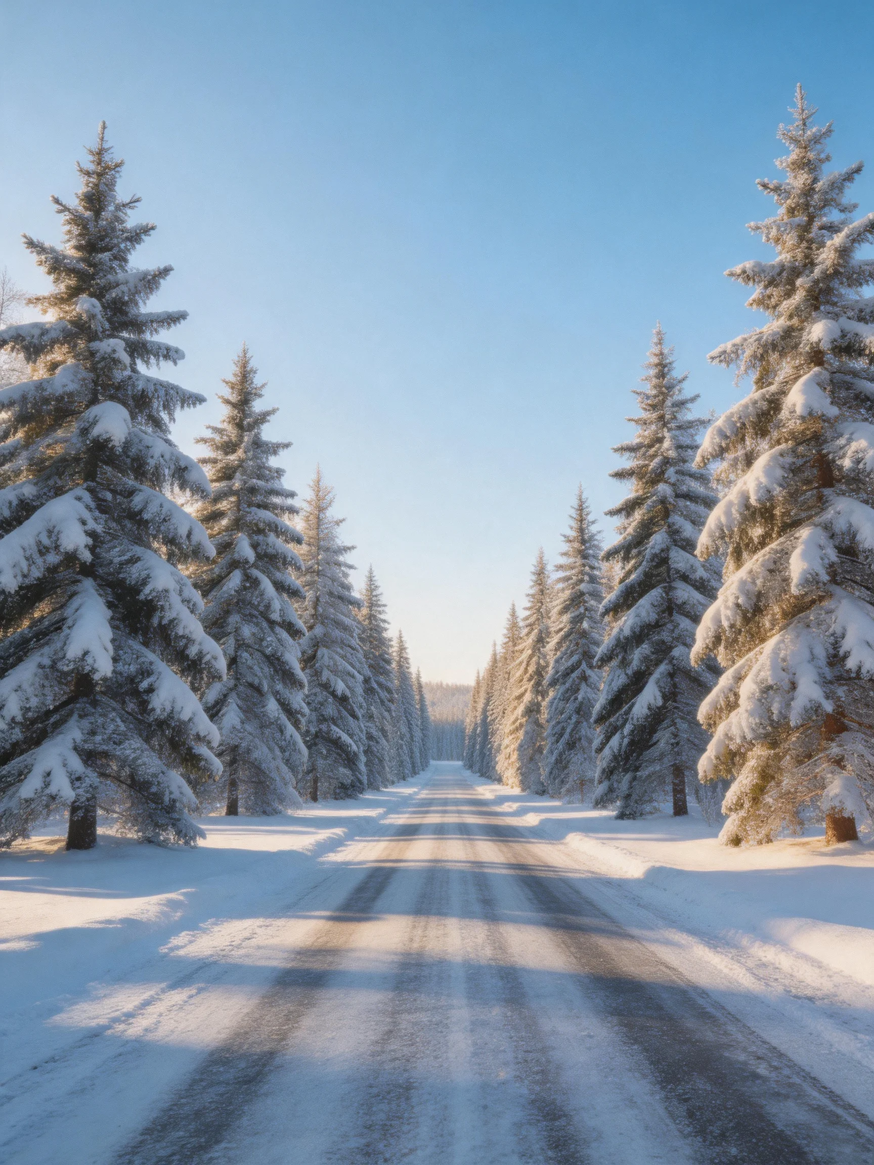 Snow-covered road flanked by tall evergreen trees under bright blue sky