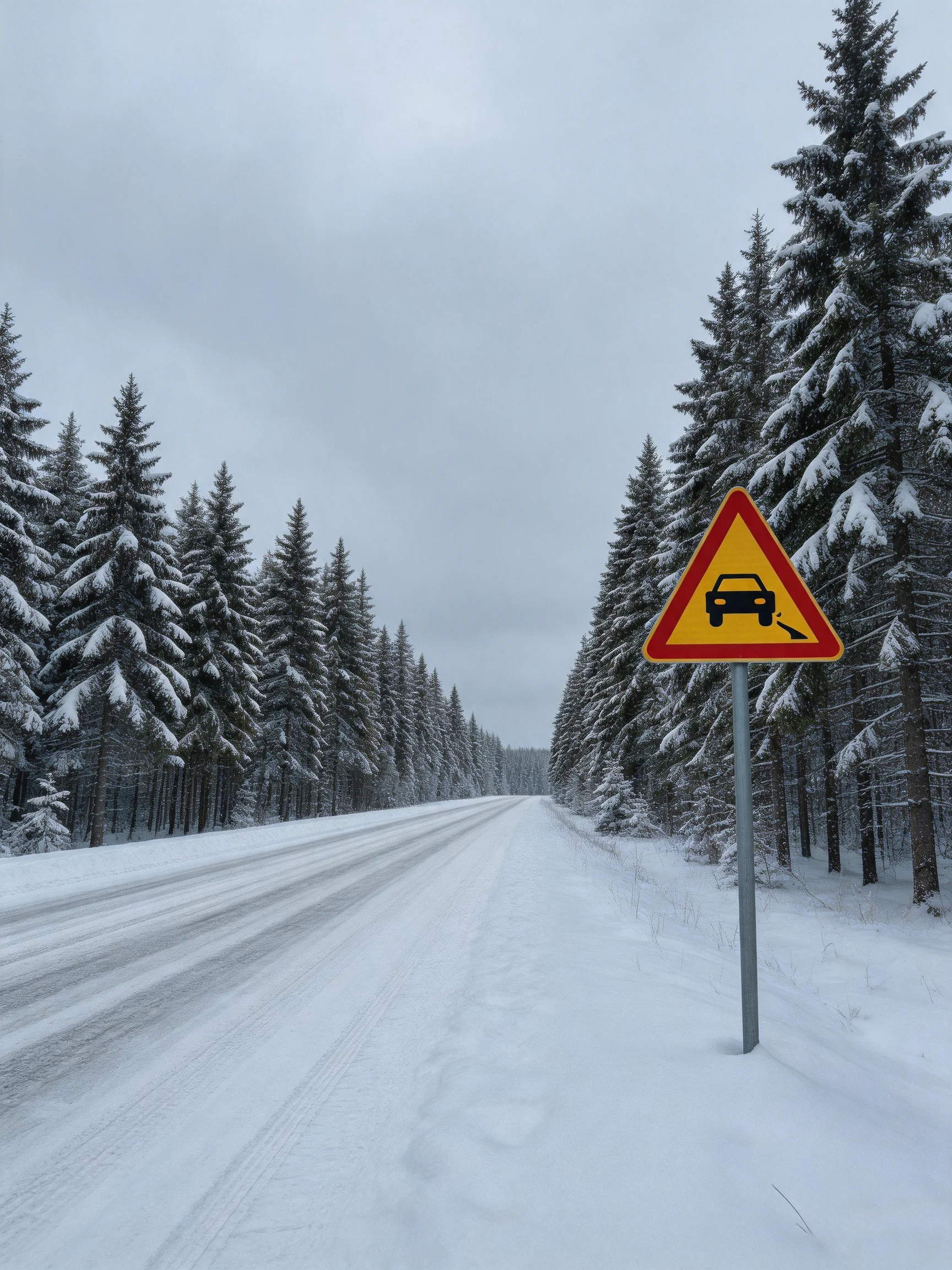Snow-covered road with tall evergreen trees and yellow warning sign