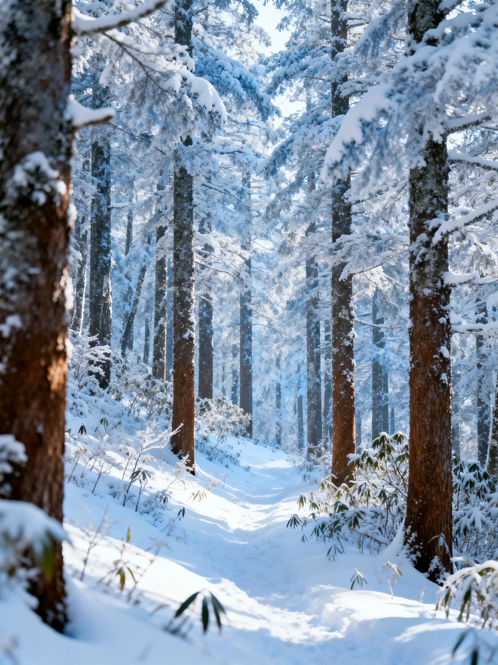 Snow-covered tall evergreen trees fill a bright winter forest path