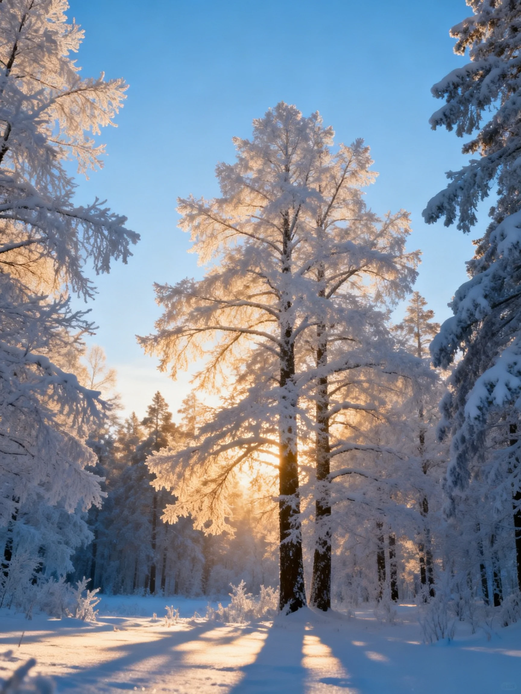 Snow-covered tall trees illuminated by warm sunlight