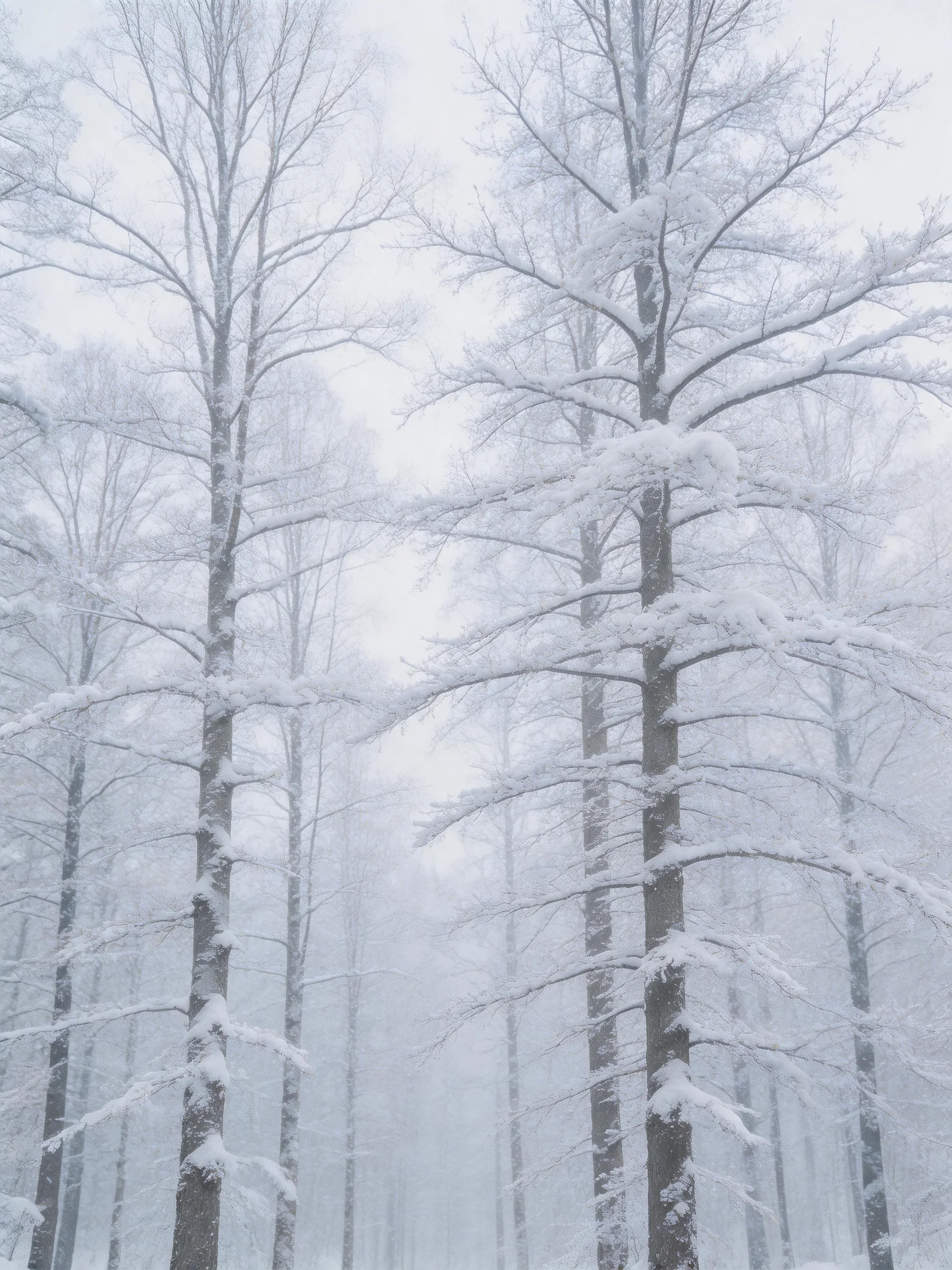 Snow-covered tall trees in a foggy winter forest