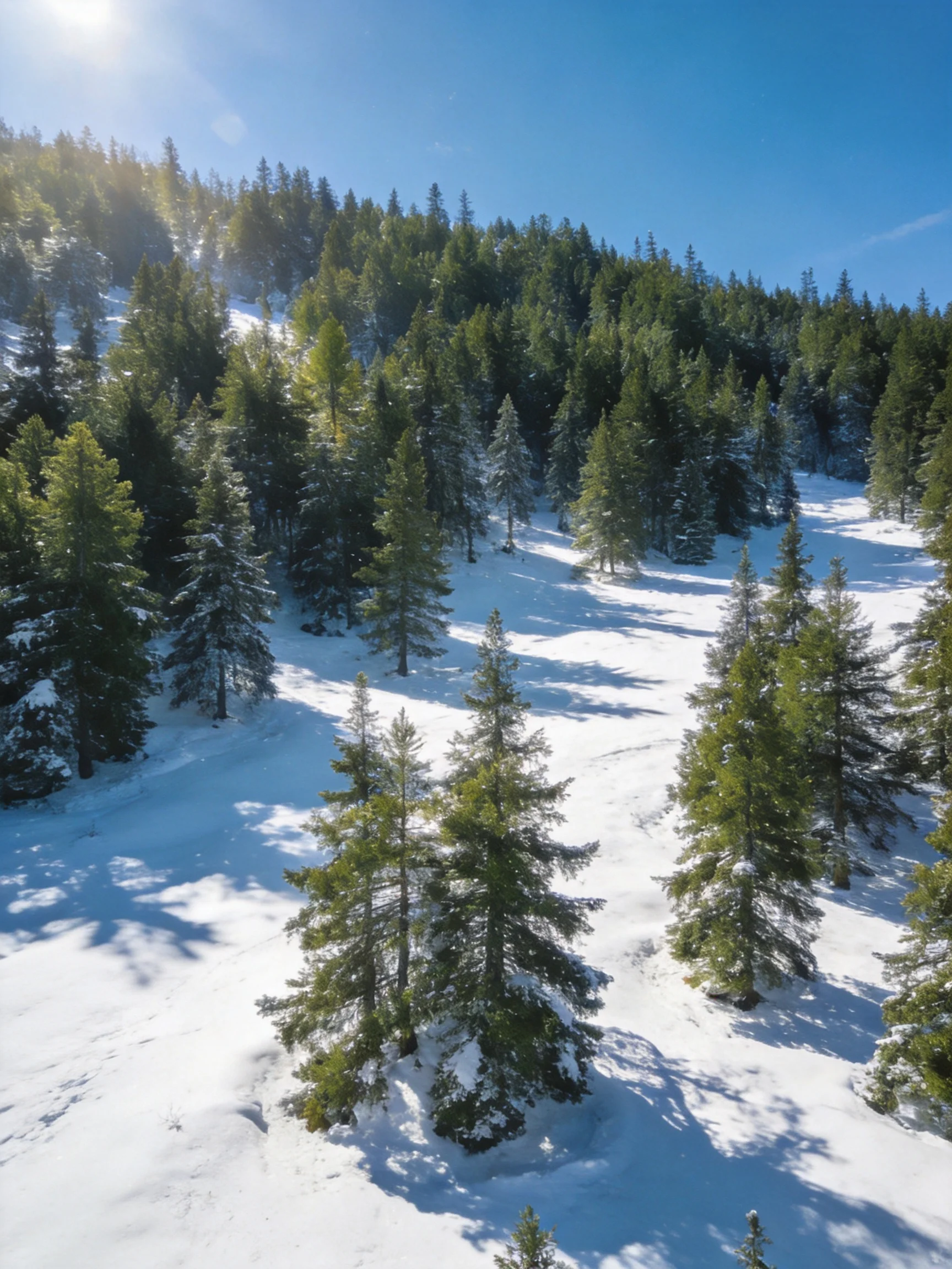 Snow-covered terrain with dense evergreen trees and clear blue sky