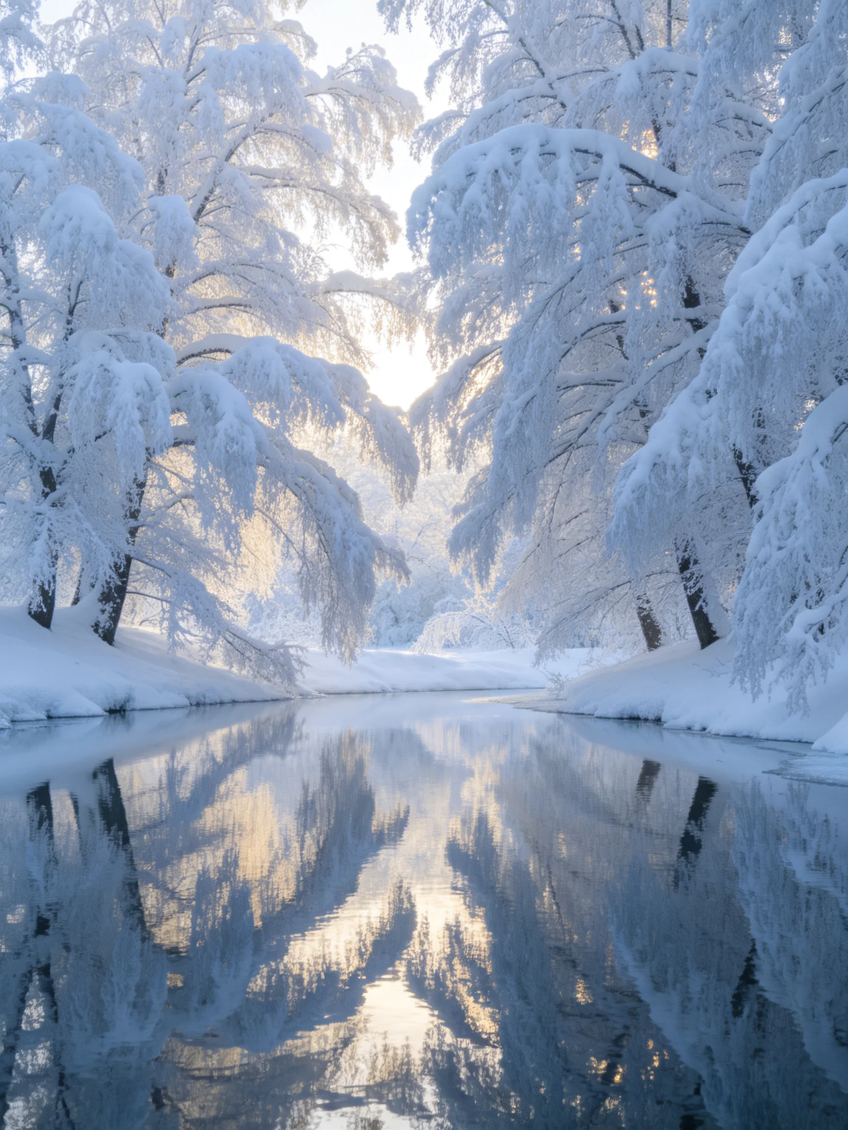 Snow-covered trees border a calm, reflective waterway in winter