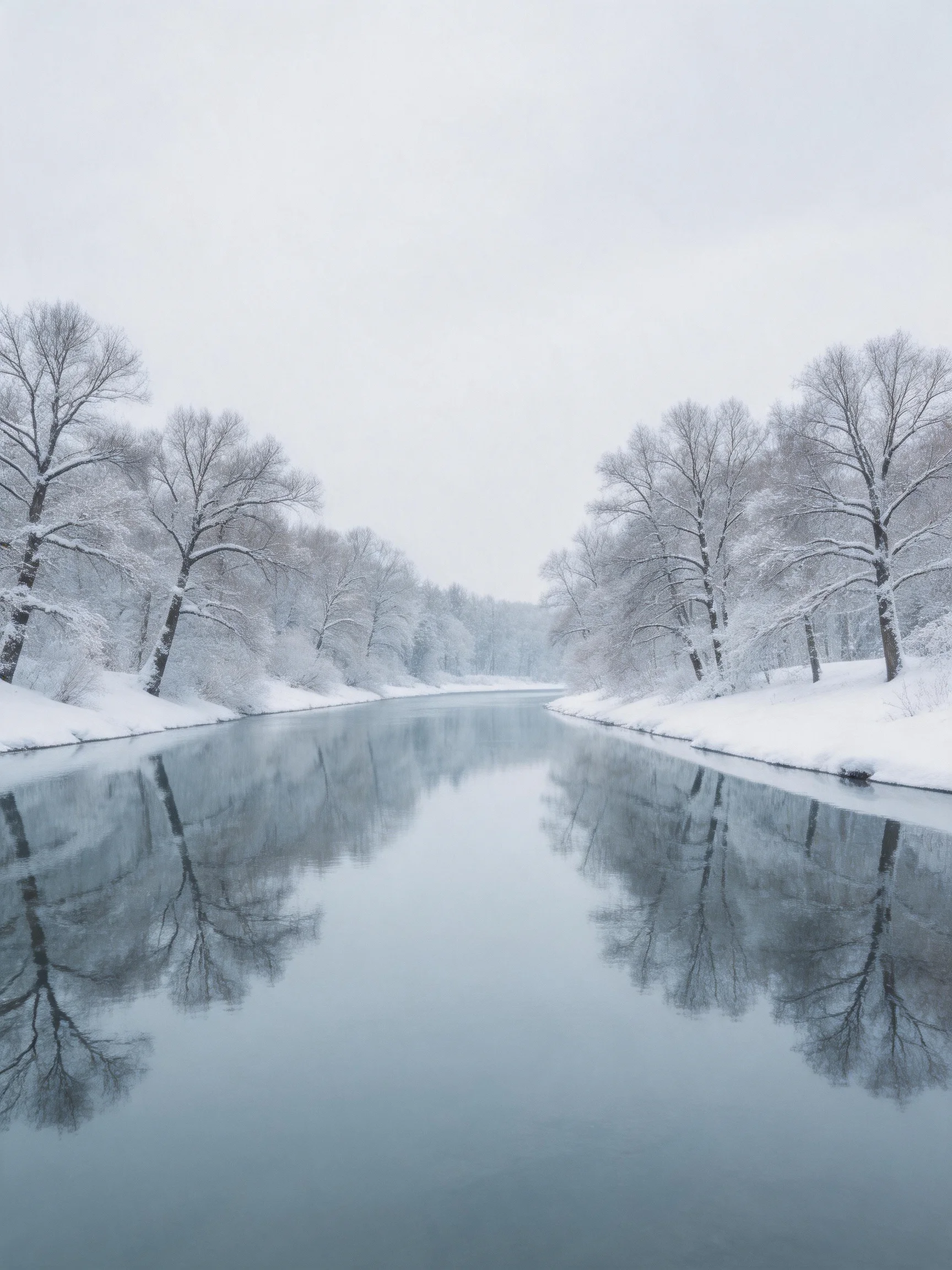 Snow-covered trees reflect in a calm winter river