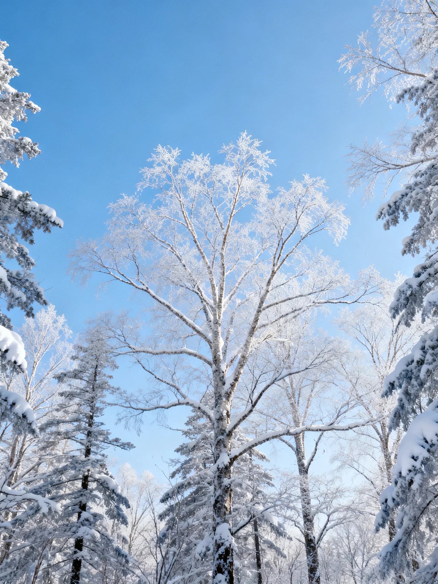 Snow-draped birch and evergreen treesunder clear blue sky