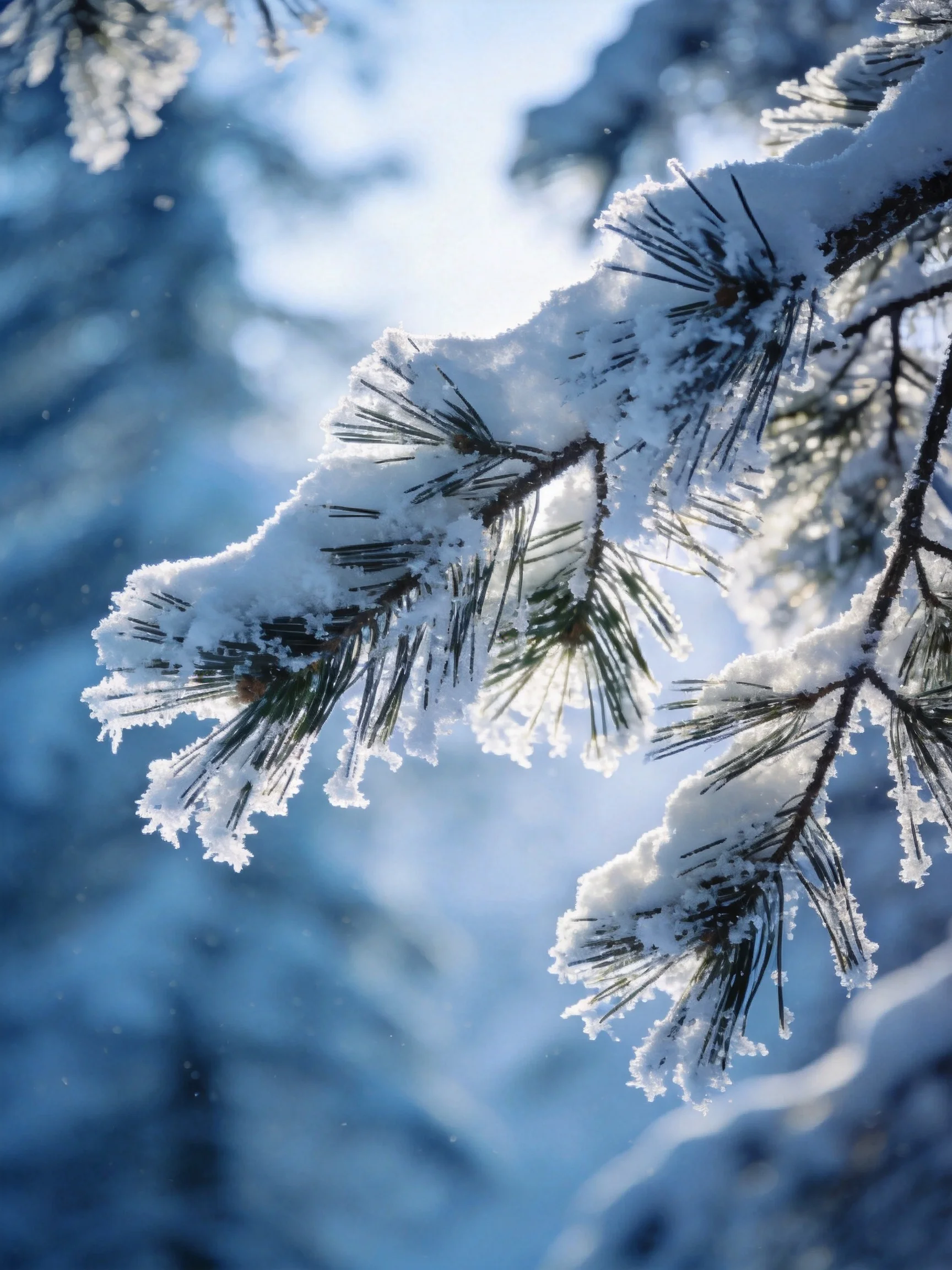 Snow-draped evergreen branches glisten with fresh white snow under bright blue winter sky