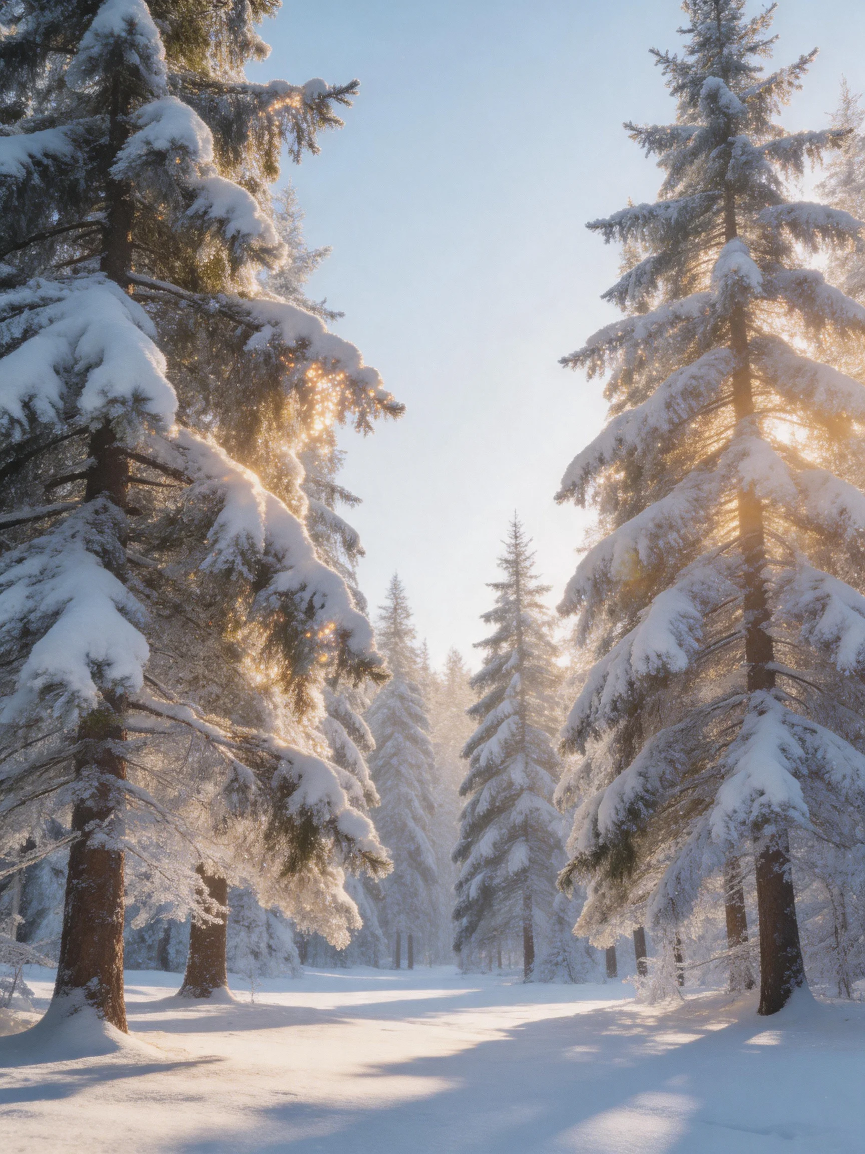 Snow-draped evergreen forest bathed in warm sunlight