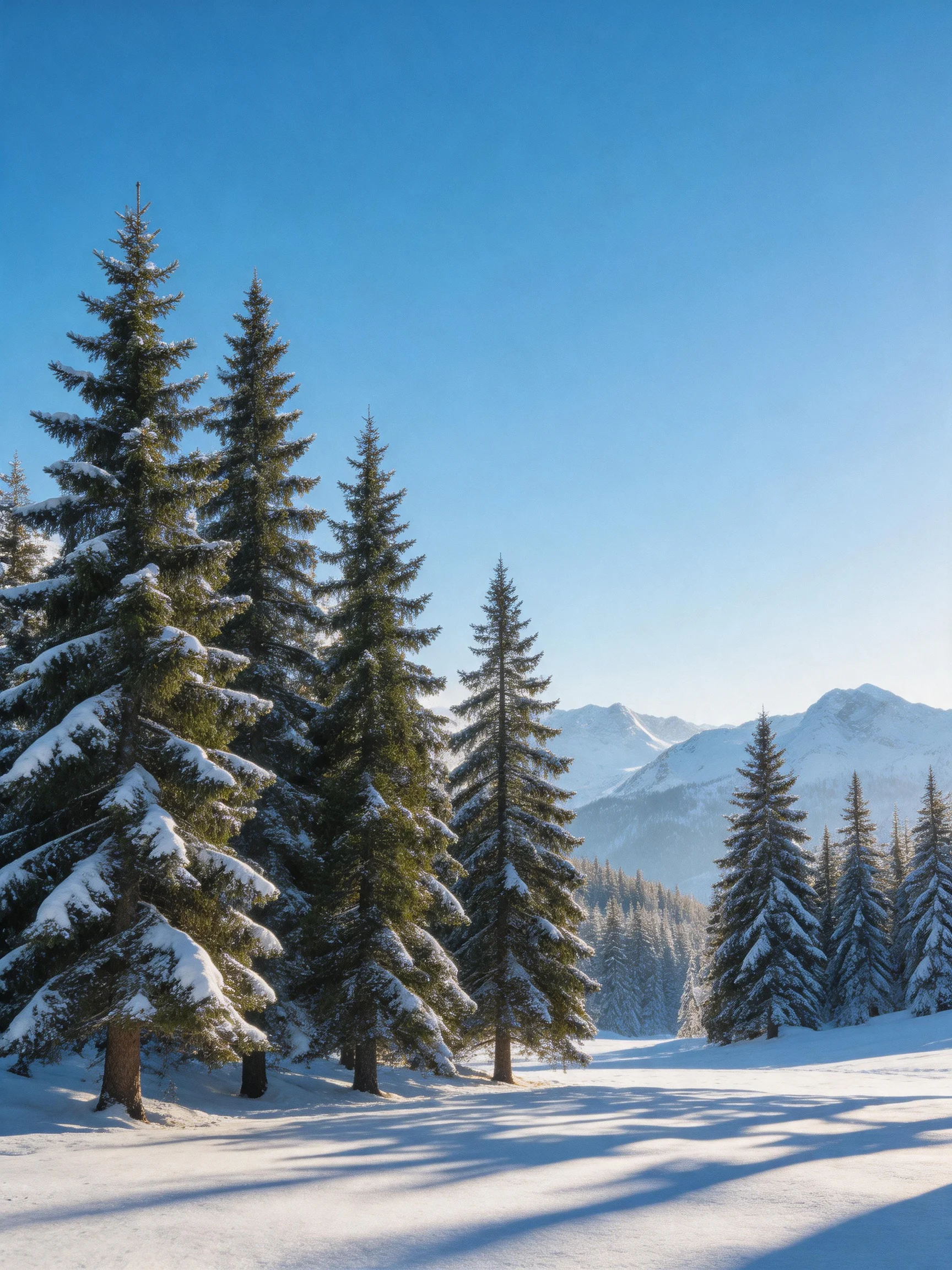 Snow-draped evergreen forest near snowy mountain range under clear blue sky