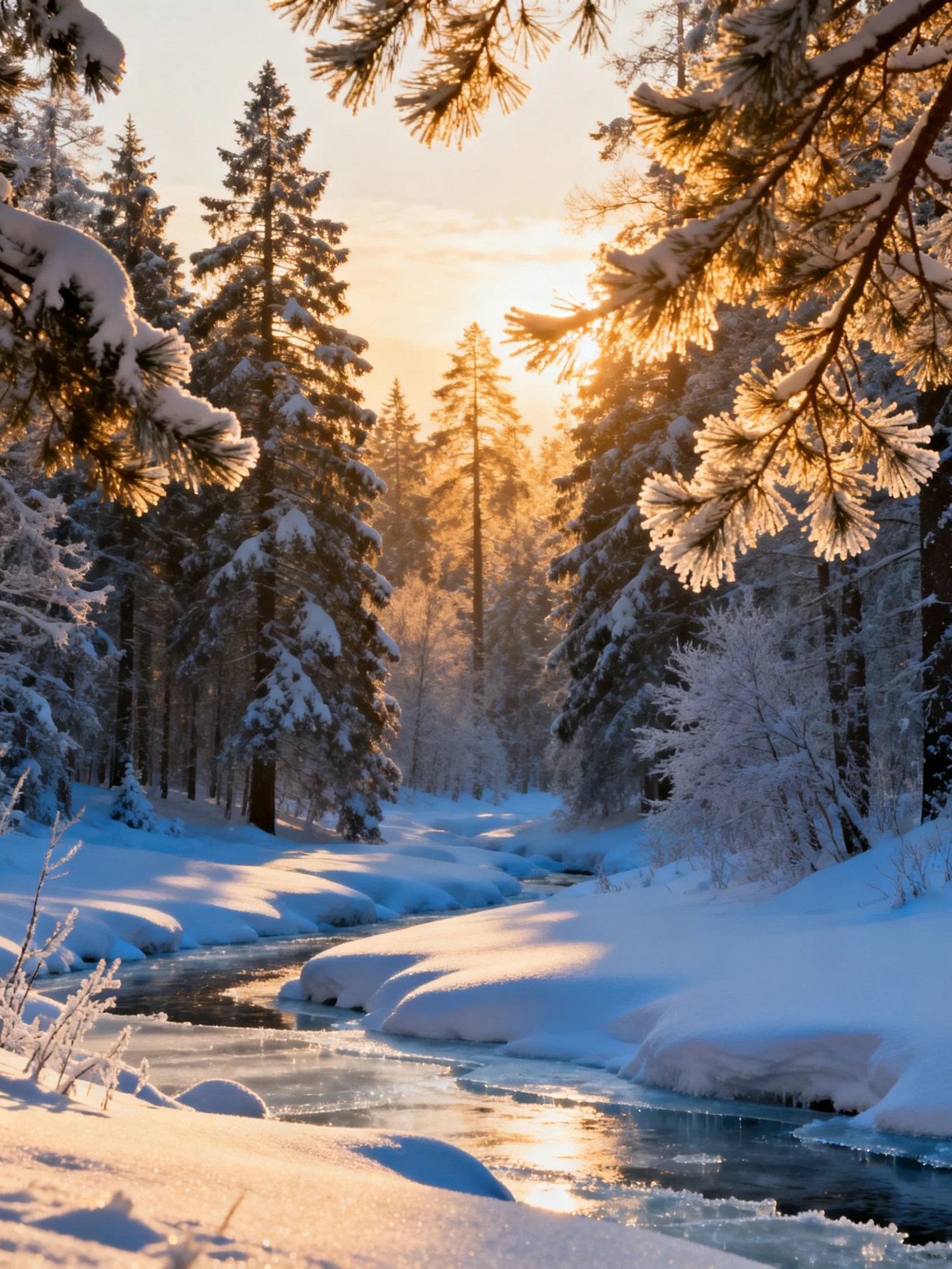 Snow-draped evergreen forest with a winding icy stream under golden sunlight