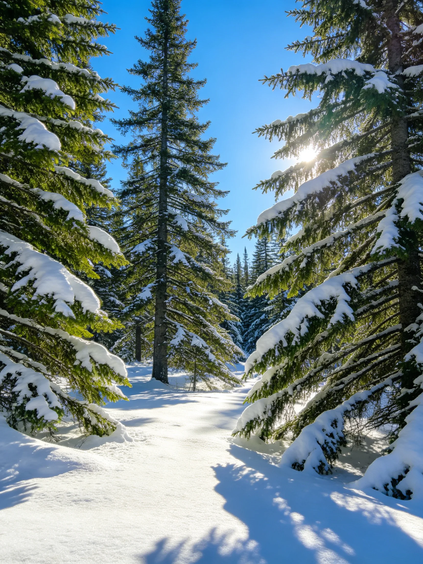 Snow-draped evergreen forest with bright blue sky and sunlight