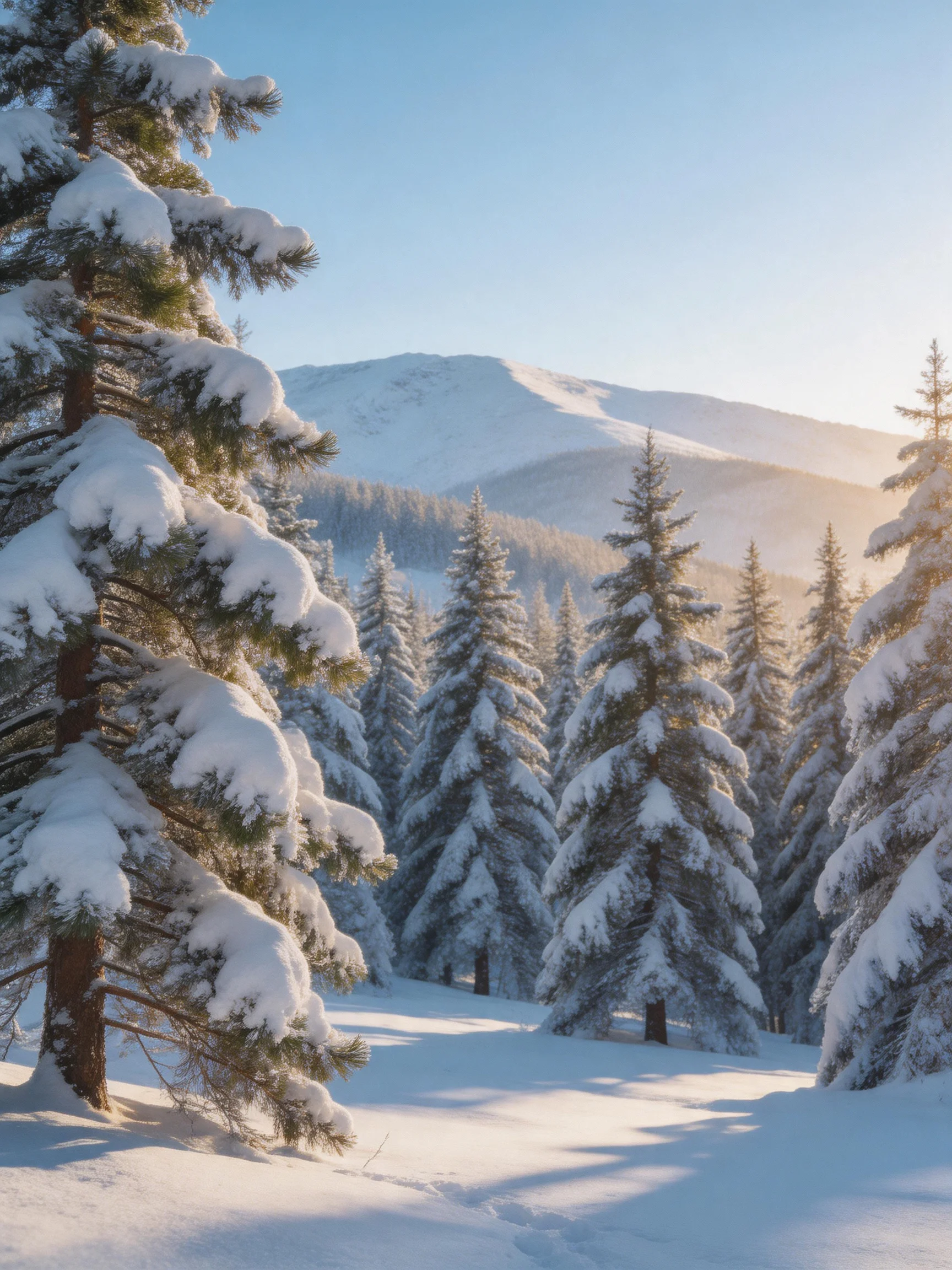 Snow-draped evergreen forest with distant snowy mountains