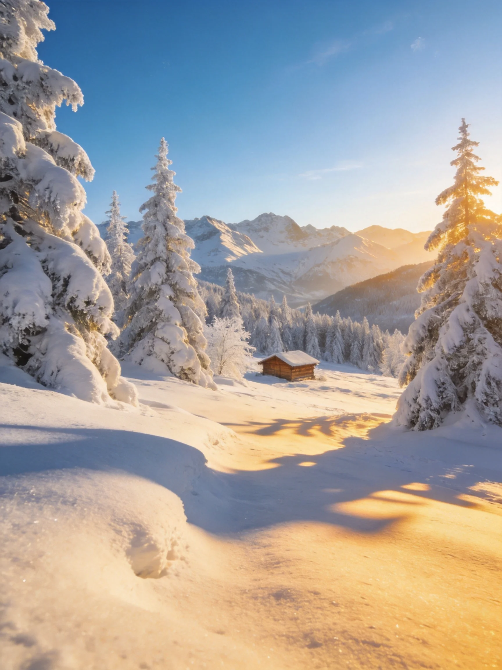 Snow-draped evergreen forest with wooden cabin near mountain peaks