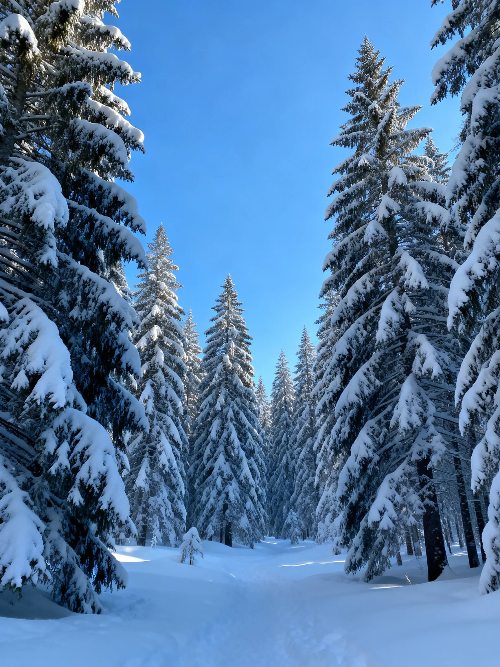 Snow-draped evergreen trees fill a bright winter forest