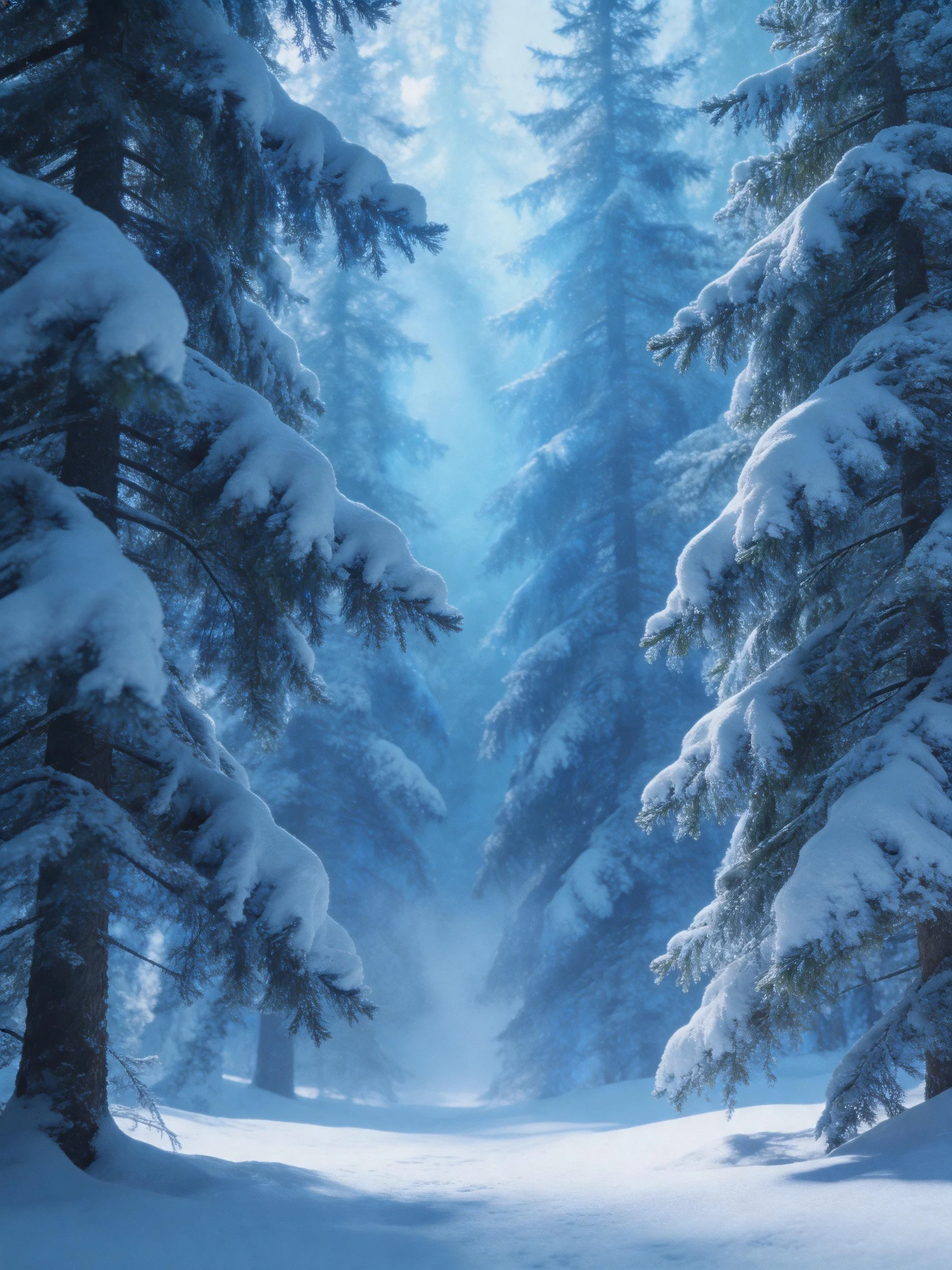 Snow-draped evergreen trees fill a misty winter forest path