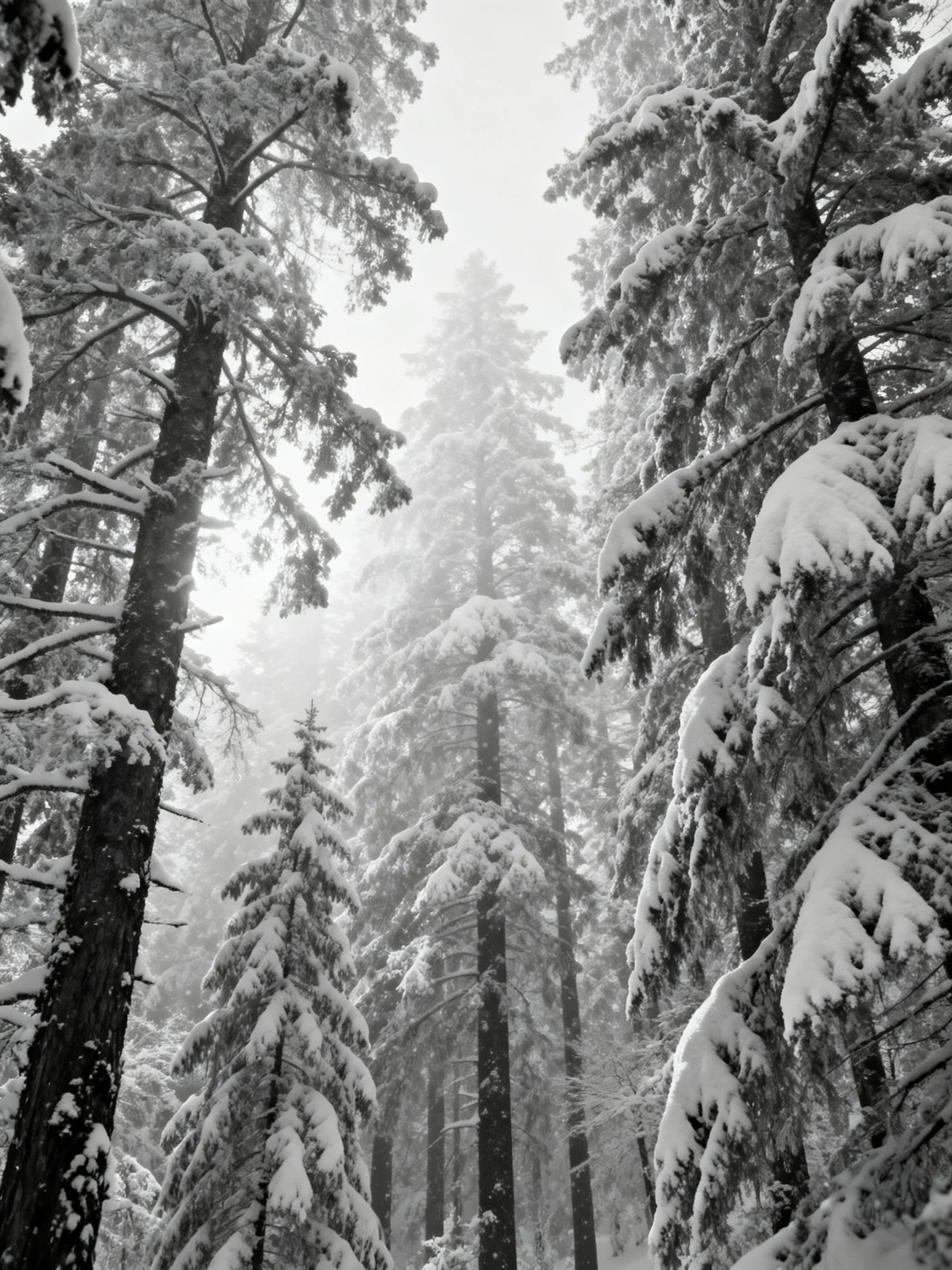 Snow-draped evergreen trees fill a misty wintry forest