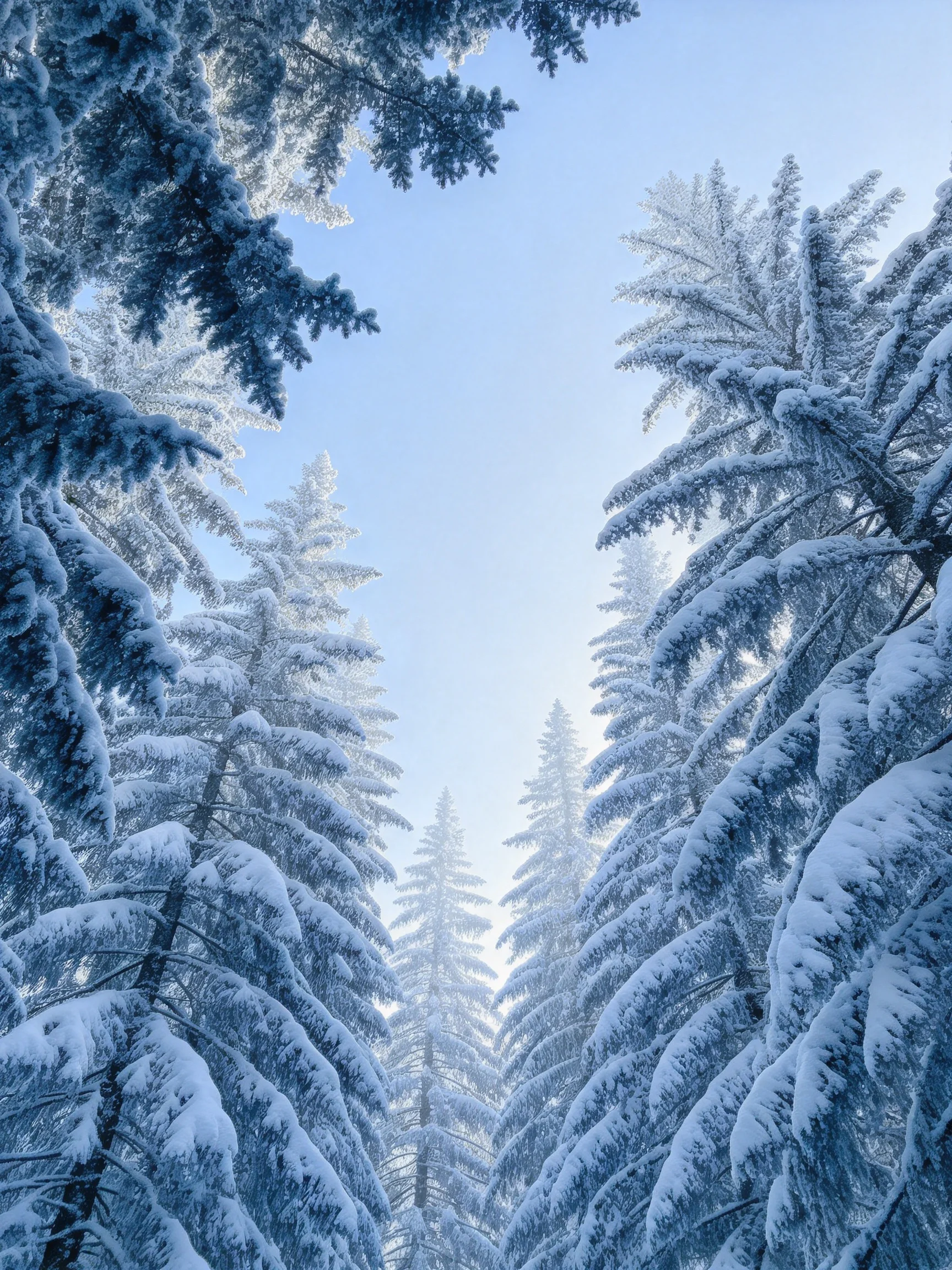Snow-draped evergreen trees fill a serene winter forest scene.