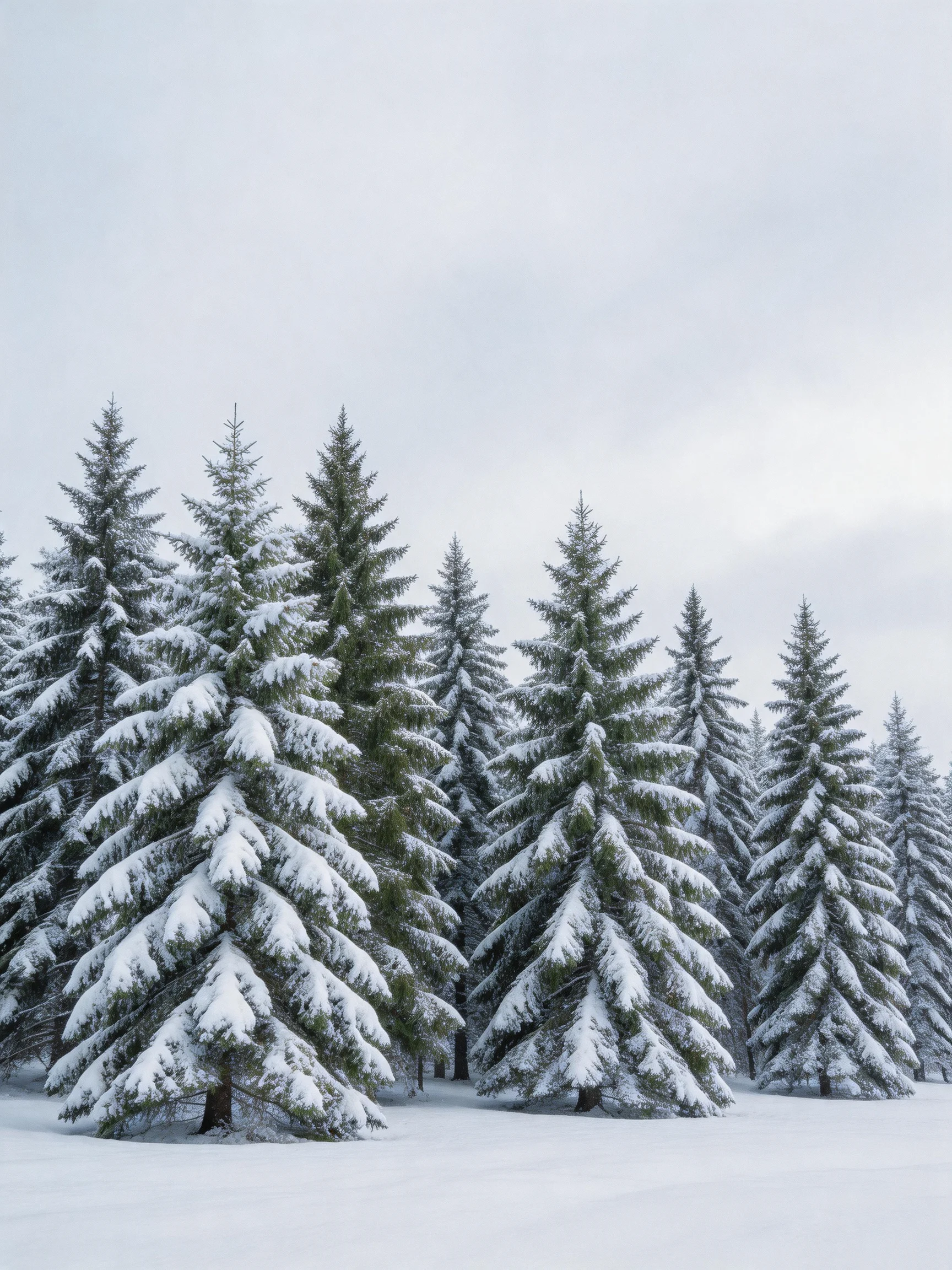 Snow-draped evergreen trees fill a wintry forest