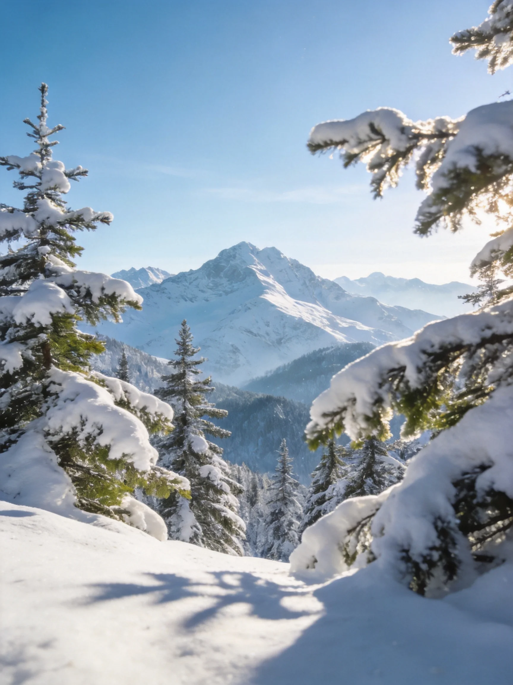 Snow-draped evergreen trees frame distant mountain peaks beneath a clear blue sky