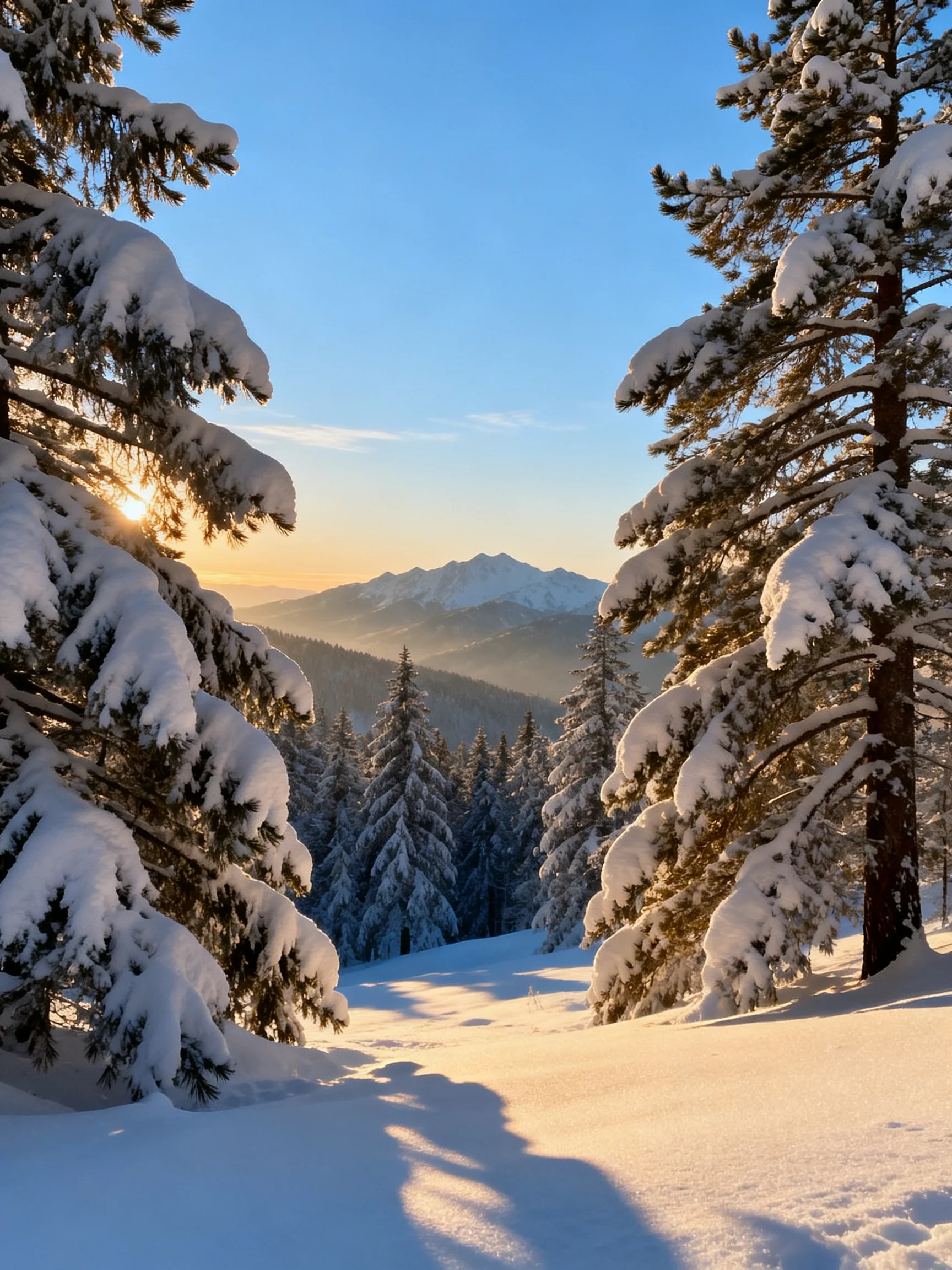 Snow-draped evergreen trees frame mountain peaks under clear blue sky