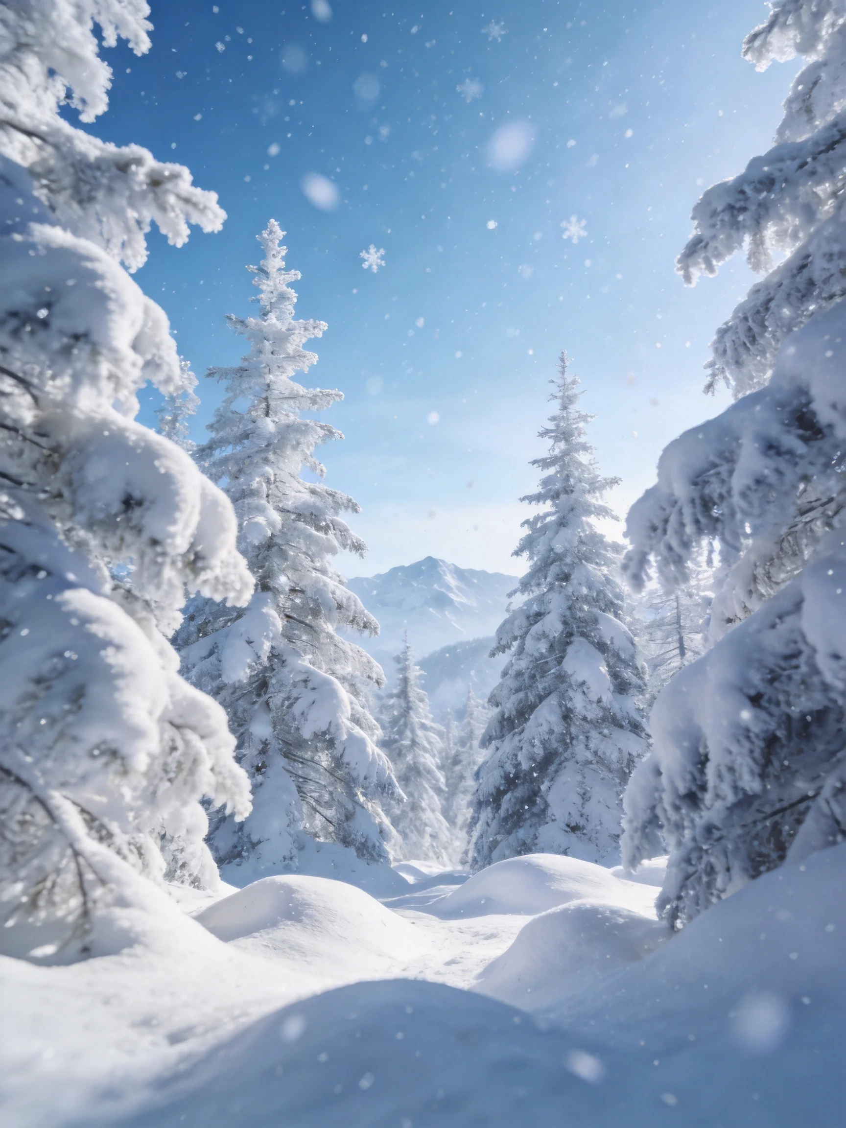 Snow-draped evergreen trees in a bright winter mountain landscape