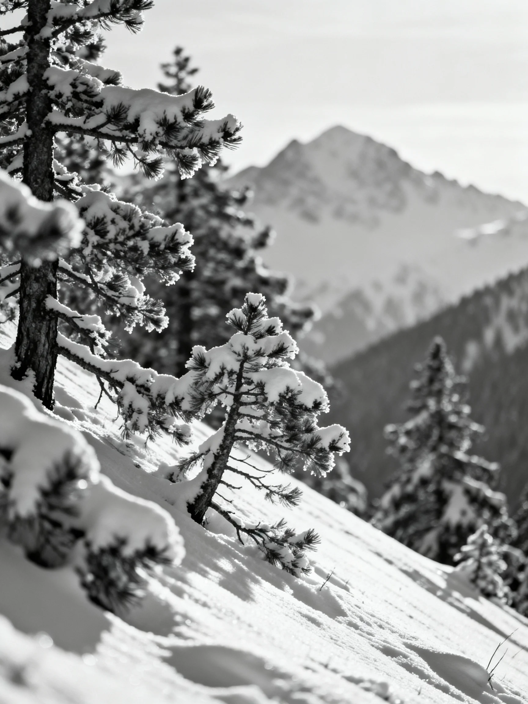 Snow-draped evergreen trees on a mountain slope with misty peaks